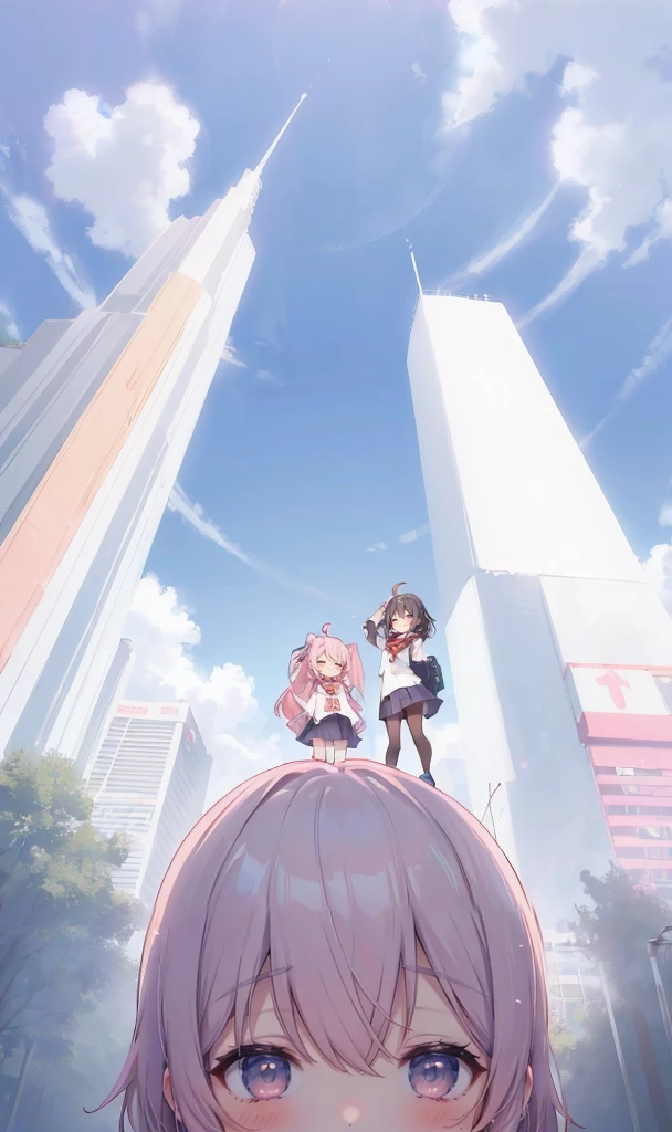 (a giantess with two girls on her head: 1.5), (serafuku:1.1), school, (2girls:1.4), (height_difference:1.3), (size_difference:1.1), minigirl, (giantess:1.2), (from below: 1.2), (foreshortening:1.2), (a girl on the head of a giantess: 1.3), professionally drawn, (anime drawing:1.1), (simple bold lines: 1.1), (anime:1.1), (very cute anime girl), (bright), (low contrast), (prettiest age girl), (mature face: 1.4), (tall girl with big ass: 1.2), (looking at another: 1.2), (yuri:1.1), (two girls looking at another: 1.2), (full body: 1.1)