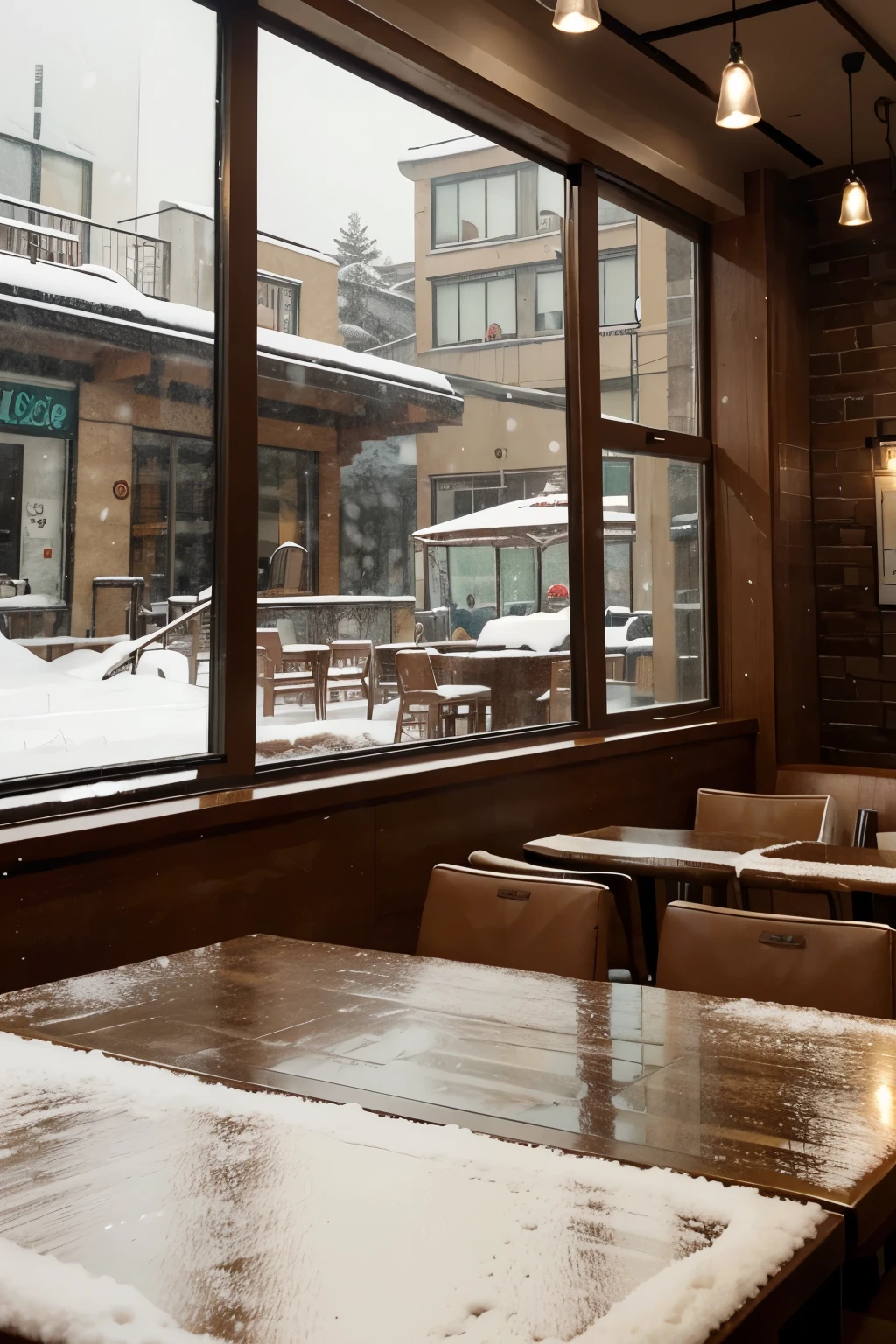 Coffee shop. inside, snowing outside