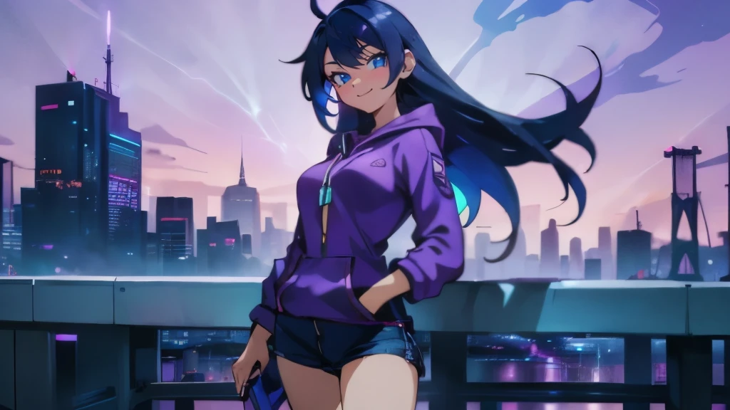 (Best quality), 1girl wearing a purple and blue hoodie and blue jeans shorts, smiling, blue eyes large breasts, sexy fit body figure,solo looking at viewer, long hair, blue and purple neon colors with a city in the background on a bridge