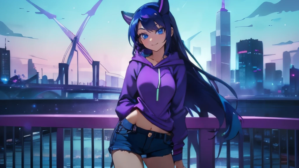 (Best quality), 1girl wearing a purple and blue hoodie and blue jeans shorts, smiling, blue eyes large breasts, sexy fit body figure,solo looking at viewer, long hair, blue and purple neon colors with a city in the background on a bridge 