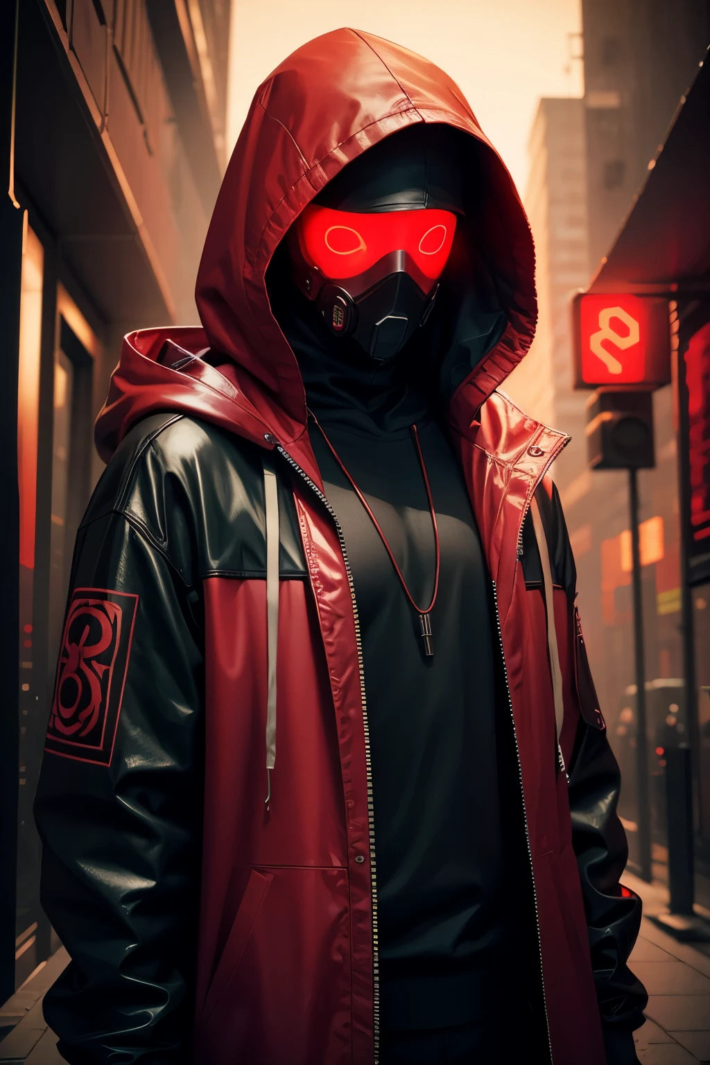 cyberpunk, red neon, hooded, obscure, male character, no face, image without background, realist, body framing looking at camera
