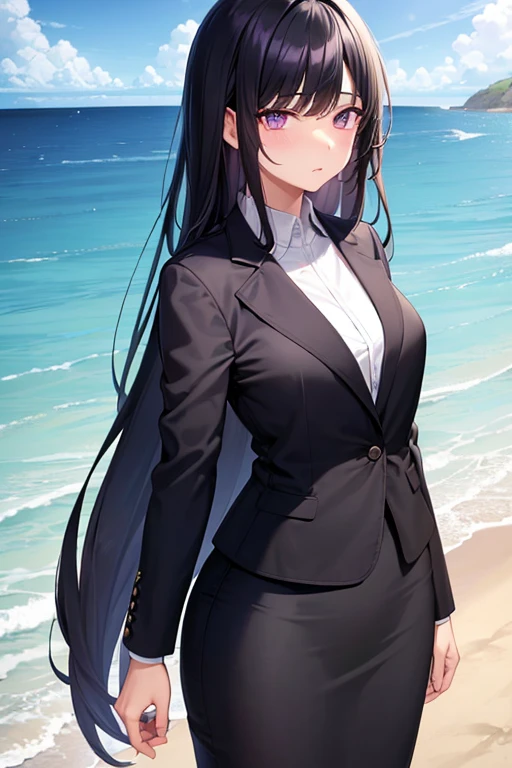 1girl, black hair, purple eyes, long hair, beach background, suit, office lady, black skirt, black blazer, pencil skirt, skirt suit, medium skirt, white shirt, collared shirt, long hair, teenager, looking at viewer, full body, high school girl, jk, 15 year old girl, beach