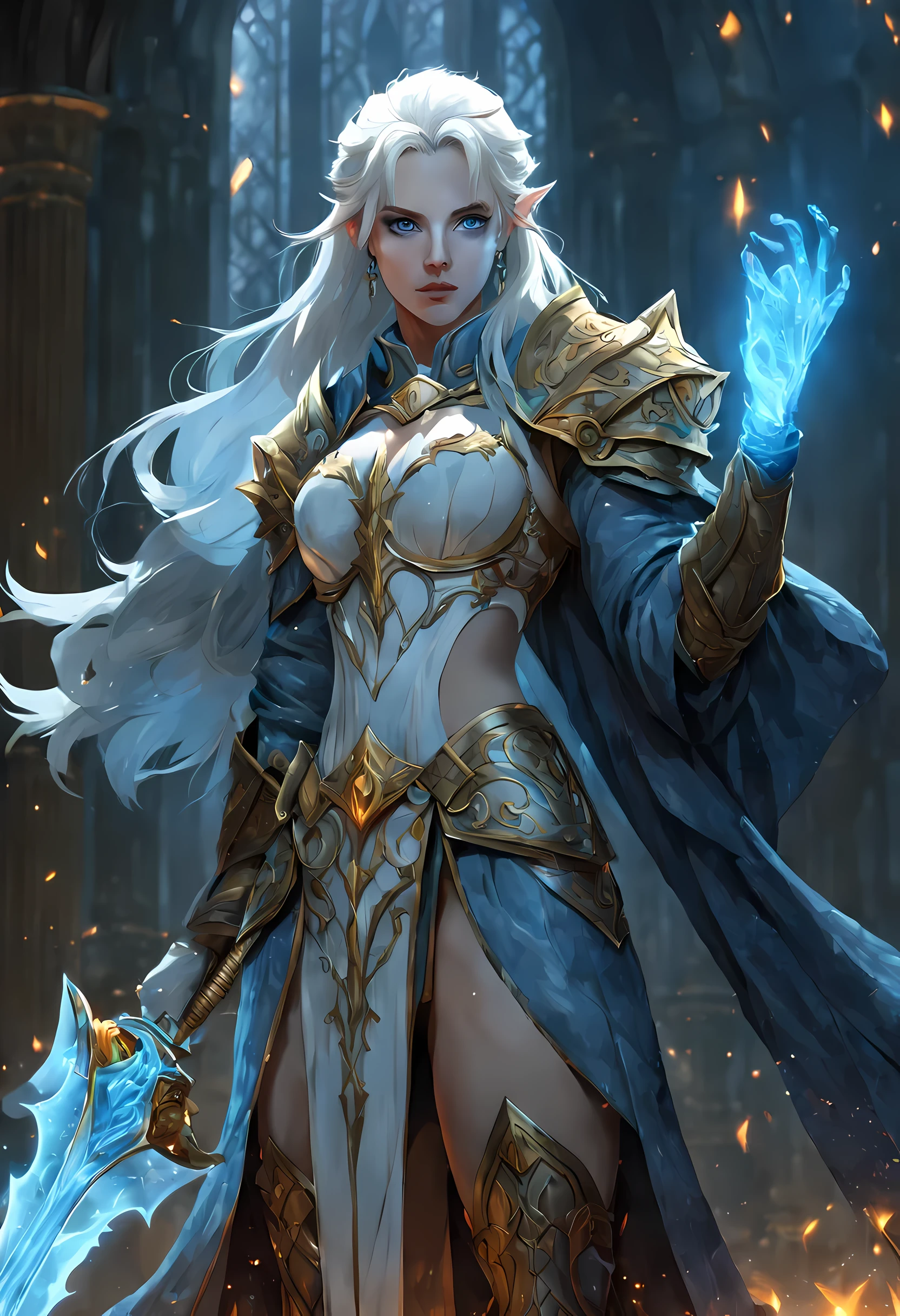 fantasy art, dnd art, RPG art, wide shot, GLOWING STYLE(masterpiece: 1.4) portrait, intense details, highly detailed, photorealistic, best quality, highres, portrait a vedalken female (fantasy art, Masterpiece, best quality: 1.3) ((blue skin: 1.5)), intense details facial details, exquisite beauty, (fantasy art, Masterpiece, best quality) cleric, (blue colored skin: 1.5) 1person blue_skin, blue skinned female, (white hair: 1.3), long hair, intense green eye, fantasy art, Masterpiece, best quality) armed a fiery sword red fire, wearing heavy (white: 1.3) half plate mail armor, wearing high heeled laced boots, wearing an(orange :1.3) cloak, wearing glowing holy symbol GlowingRunes_yellow, within fantasy temple background, reflection light, high details, best quality, 16k, [ultra detailed], masterpiece, best quality, (extremely detailed), close up, ultra wide shot, photorealistic, RAW, fantasy art, dnd art, fantasy art, realistic art,((best quality)), ((masterpiece)), (detailed), perfect face