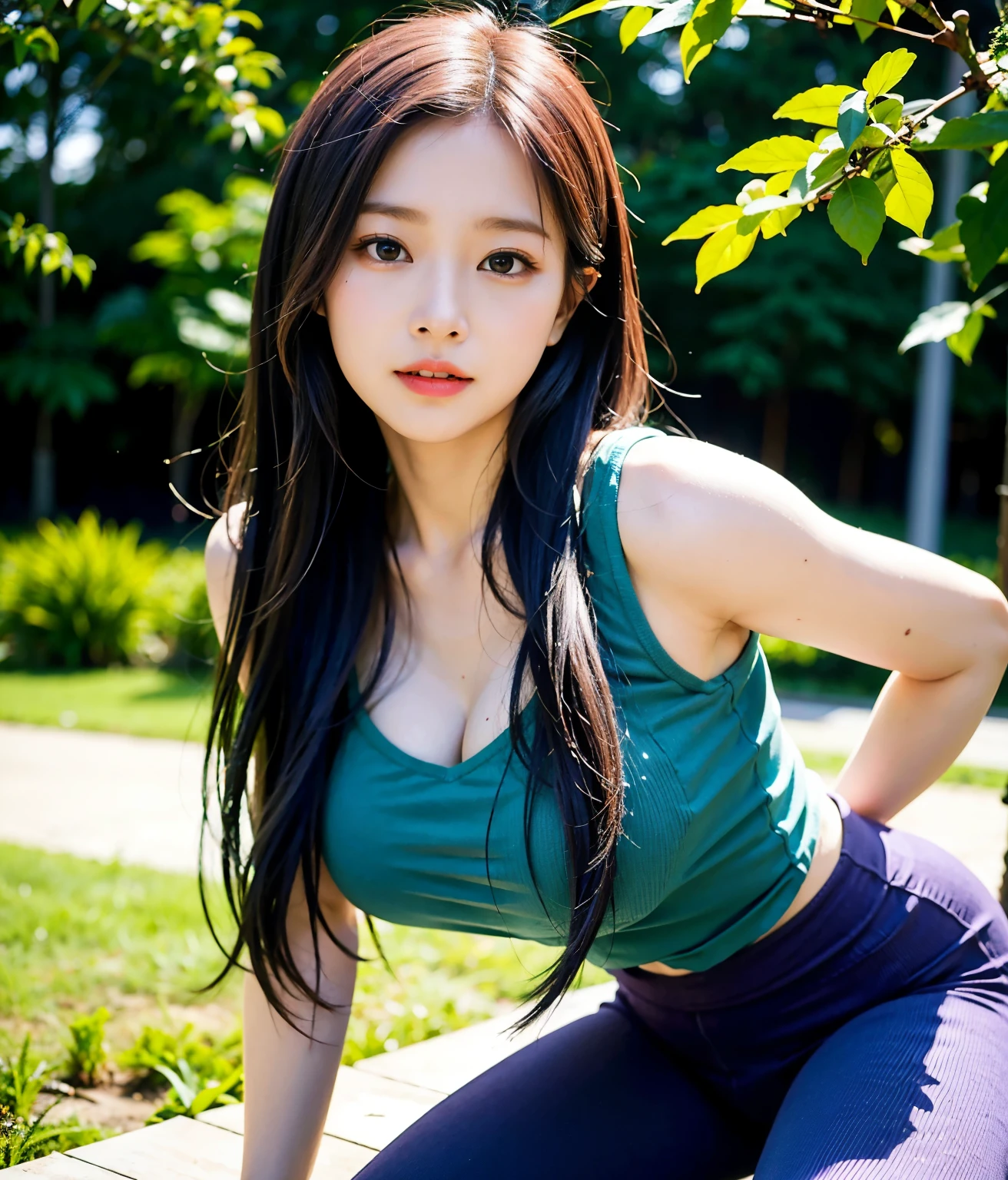 (realisticlying, A high resolution:1.3), 1 girl with a perfect body, Super fine face and eyes,very long purple hair, Tank top of random colors and leggings :1.2, 校服, in neighborhood park , arching her back in a sexy seductive slutty pose , super huge enormously gigantic tit,Expose cleavage showing ,(jiayi:1.5), closeup cleavage, tmasterpiece, best qualtiy, RAW photogr, realisticlying, the face, Incredibly Ridiculous res, depth of fields, A high resolution, ultra - detailed, finedetail, The is very detailed, Extremely detailed eyes and face, Sharp pupils, realistic pupil, tack sharp focus, cinmatic lighting