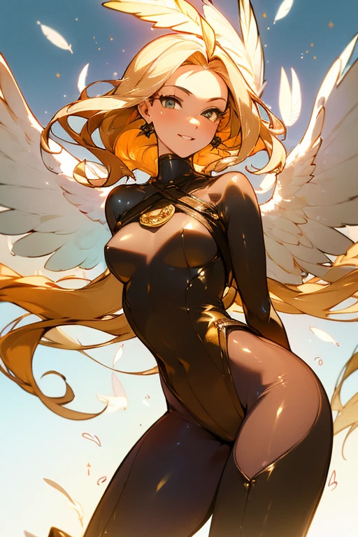 (Masterpiece: 1.5, Best quality, High resolution: 1.3, Super resolution, Super detailed, Ultra detailed: 1.3, Rich background: 1.2, 1 girl)) pale skin + white hair with multi-colored highlights + thigh-length hair + golden eyes + slanted eyes + no hair on forehead + long eyelashes + full lips + soft thighs + big chest + long legs + curvy body + toned body (intricate wetsuit, harness, glitter, intricate high boots) ((smile, feathers floating around, looking at the viewer, two small angel wings, multicolored fiery figures in the background, villainess) (colors for clothing: white, black, gold, light blue)