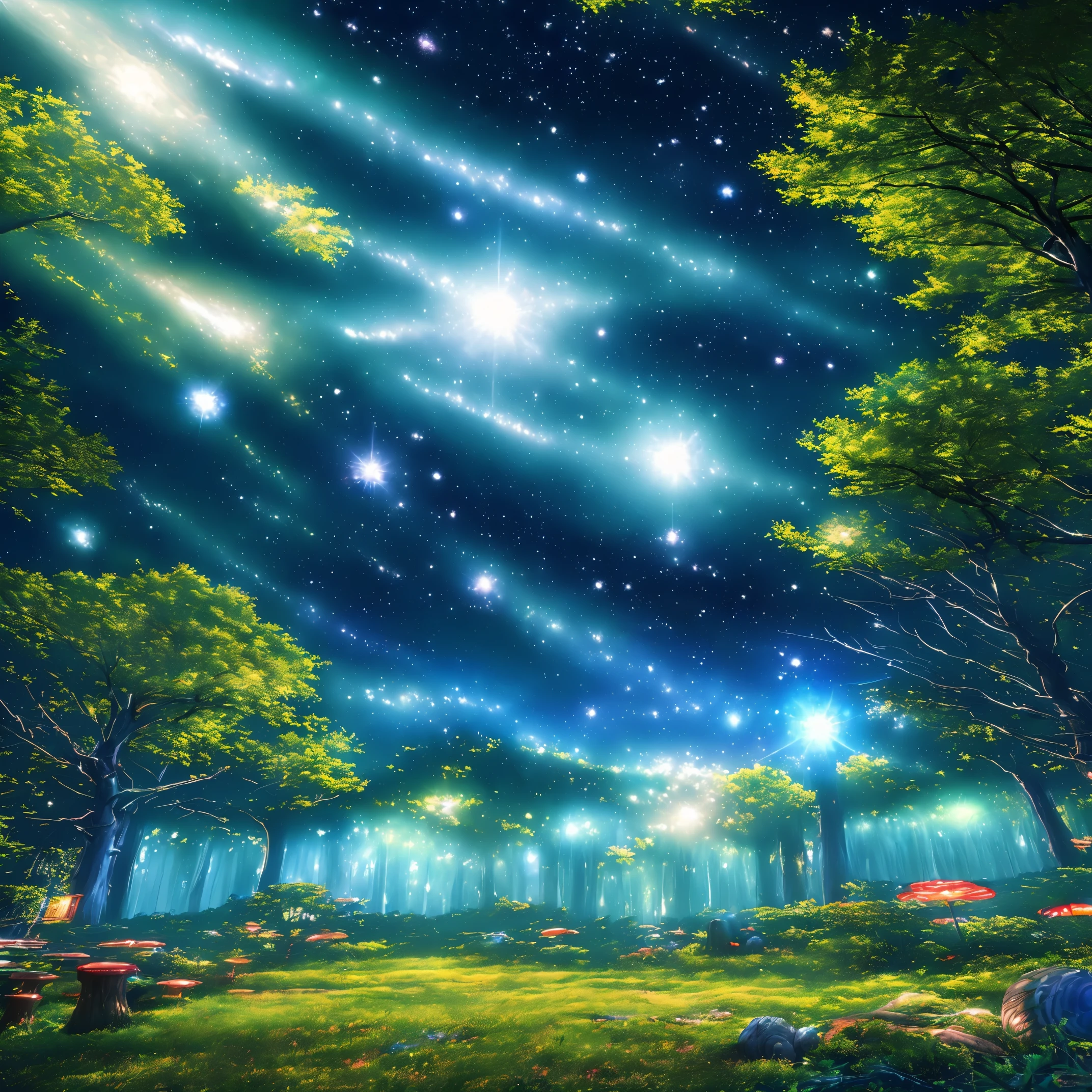 (best quality,4k,8k,highres,masterpiece:1.2),ultra-detailed,(realistic,photorealistic,photo-realistic:1.37),anime style,forest space background,vivid colors,elaborate details,anime girl,night scene,star-filled sky,dreamy atmosphere,captivating view,fantasy landscape,detailed foliage,glowing mushrooms,soft light filtering through trees,magical aura