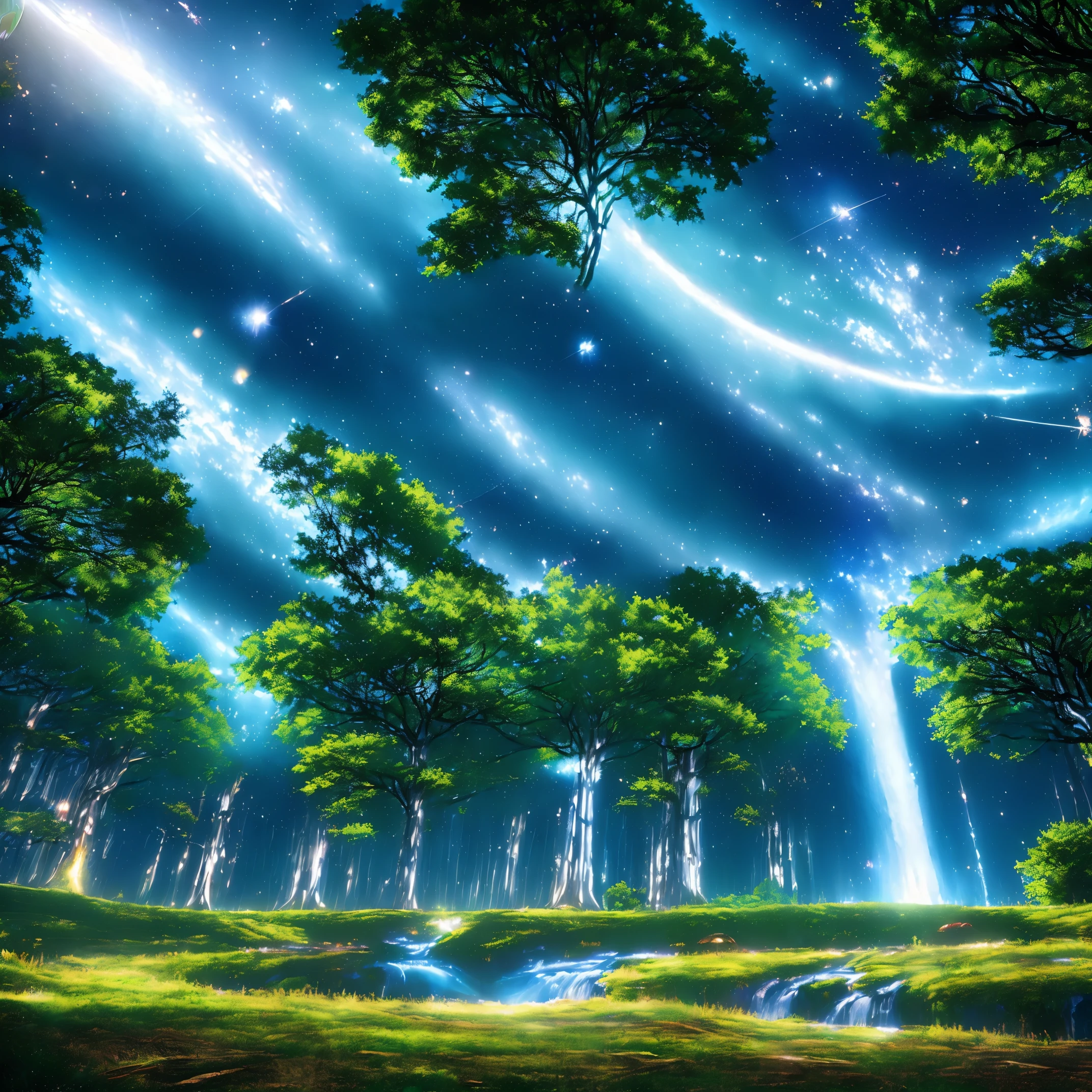 (best quality,4k,8k,highres,masterpiece:1.2),ultra-detailed,(realistic,photorealistic,photo-realistic:1.37),anime style,forest space background,vivid colors,elaborate details,anime girl,night scene,star-filled sky,dreamy atmosphere,captivating view,fantasy landscape,detailed foliage,glowing mushrooms,soft light filtering through trees,magical aura