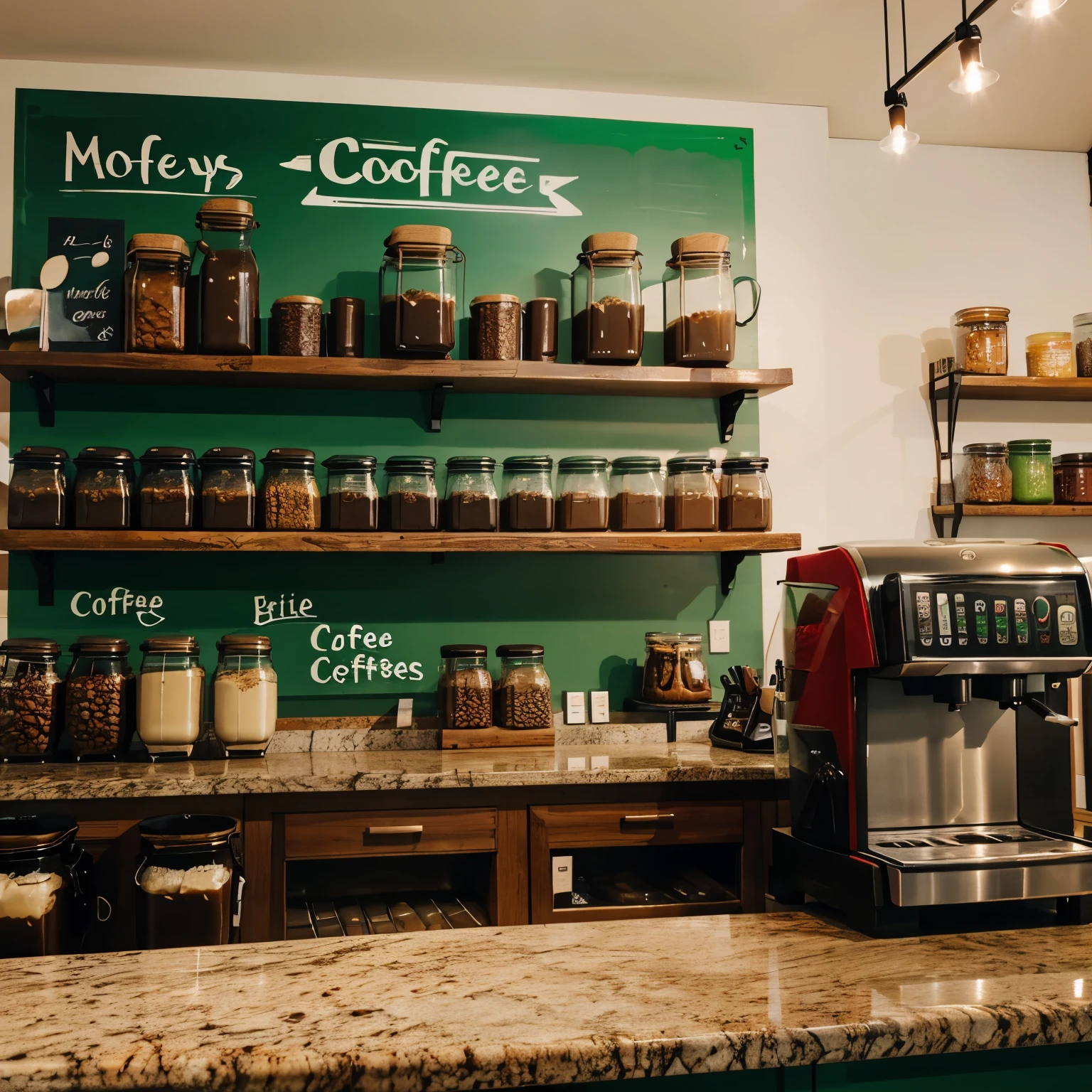Coffee Shop counter, green and red mugs on a shelf in the back, coffee beans in big jars on display