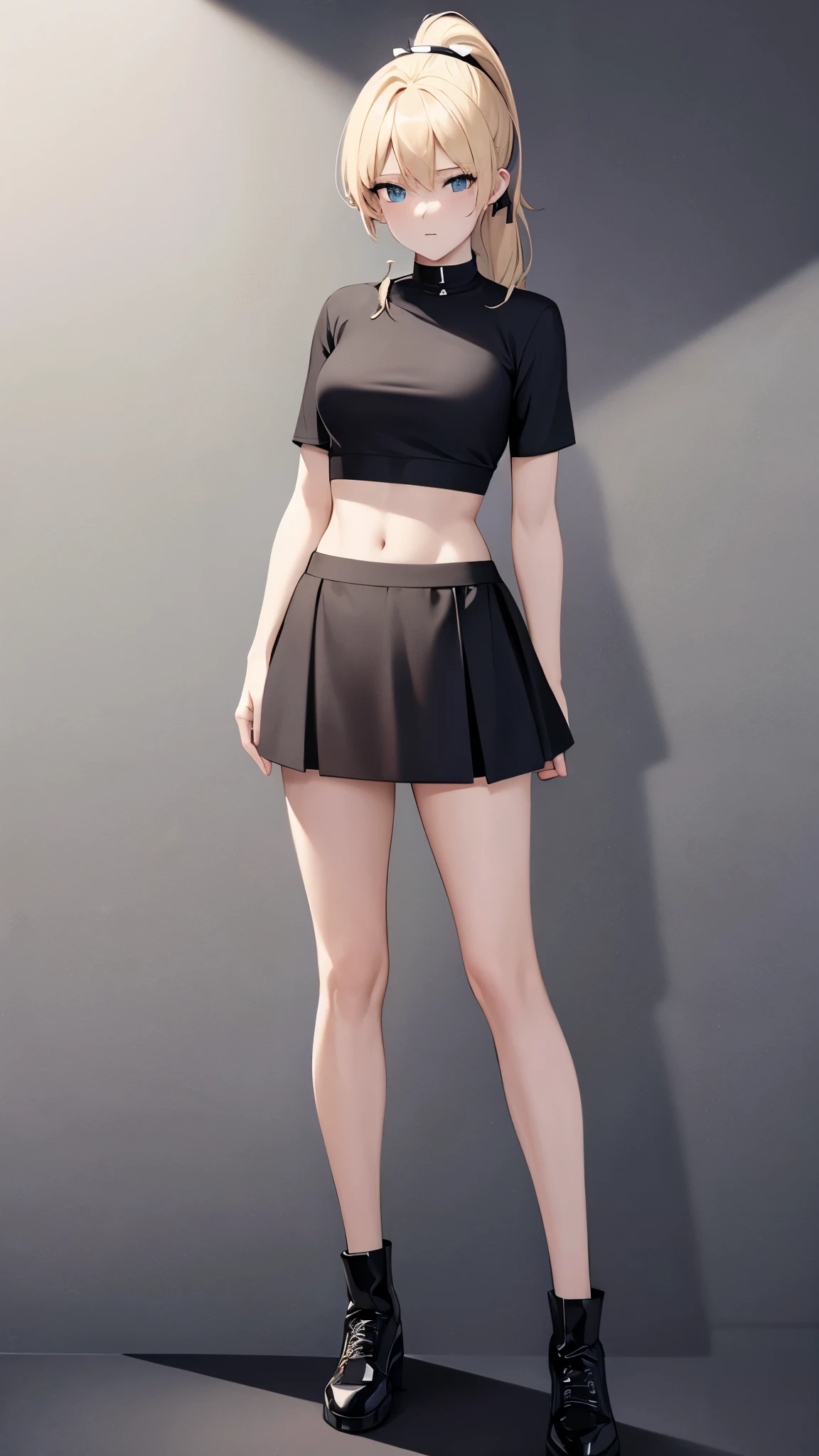 standing, femine pose, blond, ponytail, choker on neck, white crop top, black skirt, high black socks, white background, view from front, full body in image