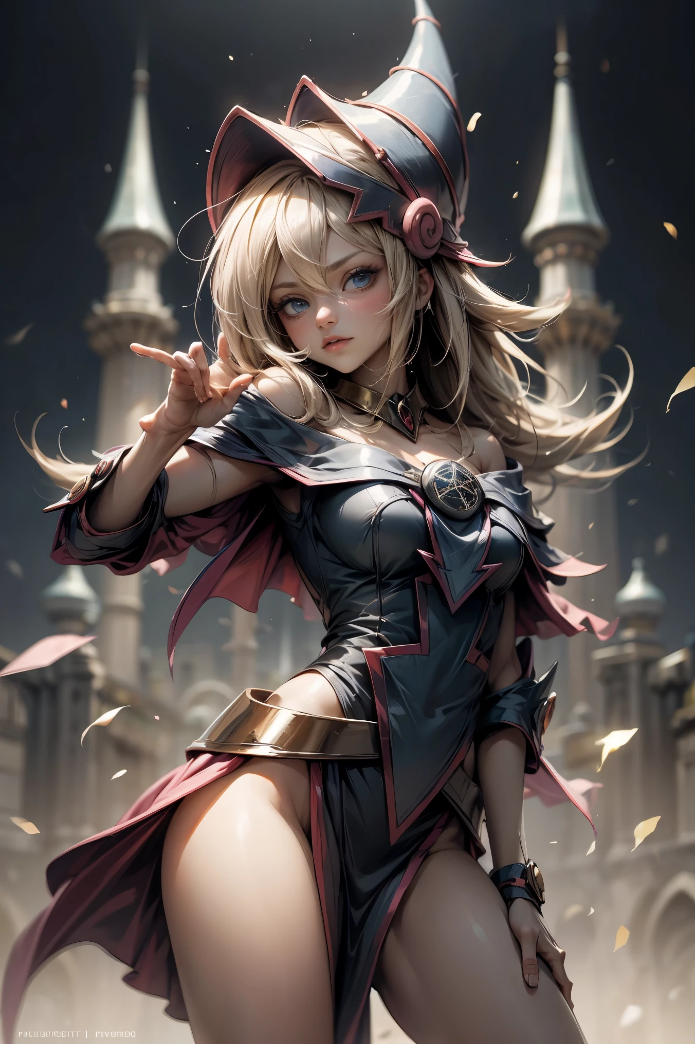 Dark magician gils 20 years old. Joven, sexy, pose Sujestiva y sensual. Fondo de castillo de magia