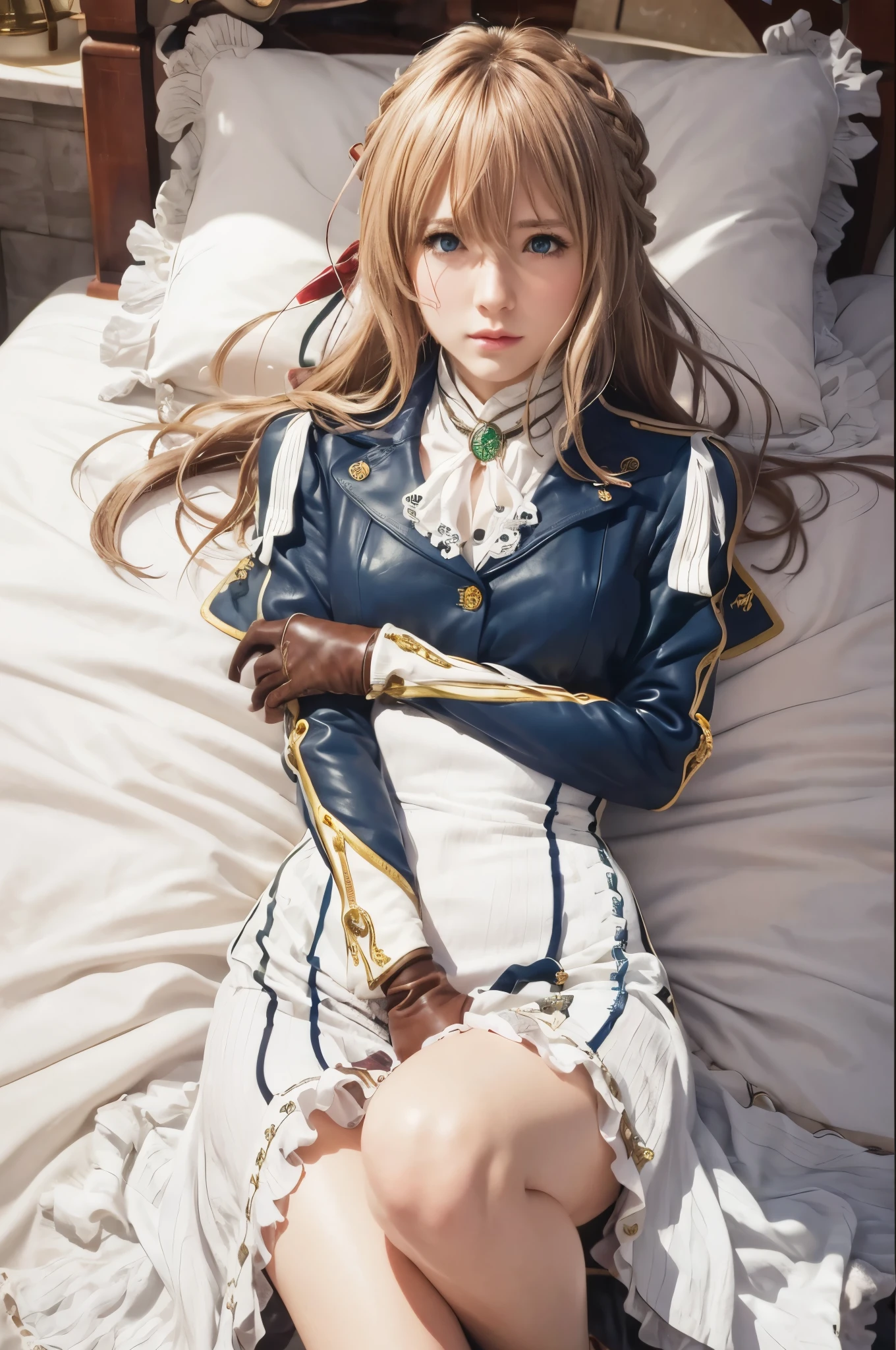 master piece, best quality, ultra high resolution, highest quality, anime style, best writing, beautiful face, violet evergarden, highest quality, 1 girl, alone, blonde hair, blue eyes, hair between eyes, looking at the viewer, ribbon, 赤いribbon, Braid, ヘアribbon, Jacket, 青いJacket, jewelry, bangs, brooch, hair intake, anime coloring book, Ascot, blurry, ホワイトAscot, closed mouth, portrait, Day Grastry Detailed CG, ( perfect anatomy),Life、Highly detailed CG, ( perfect anatomy),Life感, (lying on bed:1.3), from directly above, (brown leather gloves:1.3)