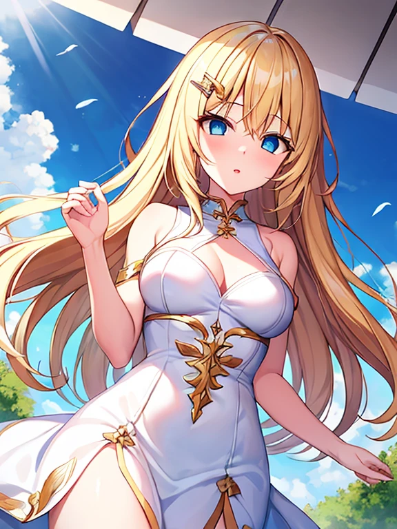 (masterpiece, very detailed,disorganized:1.15)1 girl, angel wings, long blonde hair, blue eyes, white dress,Hello, floating in the sky, cloud, Trance, Mind control, parted lips, bare shoulders, chest, alone, looking at the viewer, daytime,feather, sunbeam, golden hair clip, sunlight, spread its wings, dreamy gaze,sky background, holy shine, etheric being, Goddess, hypnotized,enTranced, peaceful bliss, high,  joy, euphoria, above the cloud empty eyes,hypnorolla,