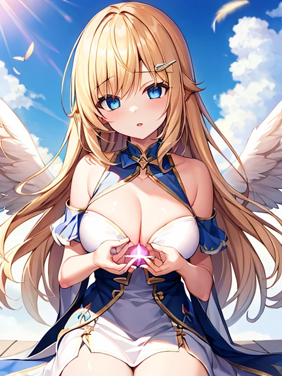 (masterpiece, very detailed,disorganized:1.15)1 girl, angel wings, long blonde hair, blue eyes, white dress,Hello, floating in the sky, cloud, Trance, Mind control, parted lips, bare shoulders, chest, alone, looking at the viewer, daytime,feather, sunbeam, golden hair clip, sunlight, spread its wings, dreamy gaze,sky background, holy shine, etheric being, Goddess, hypnotized,enTranced, peaceful bliss, high, joy, euphoria, above the cloud empty eyes,hypnorolla,