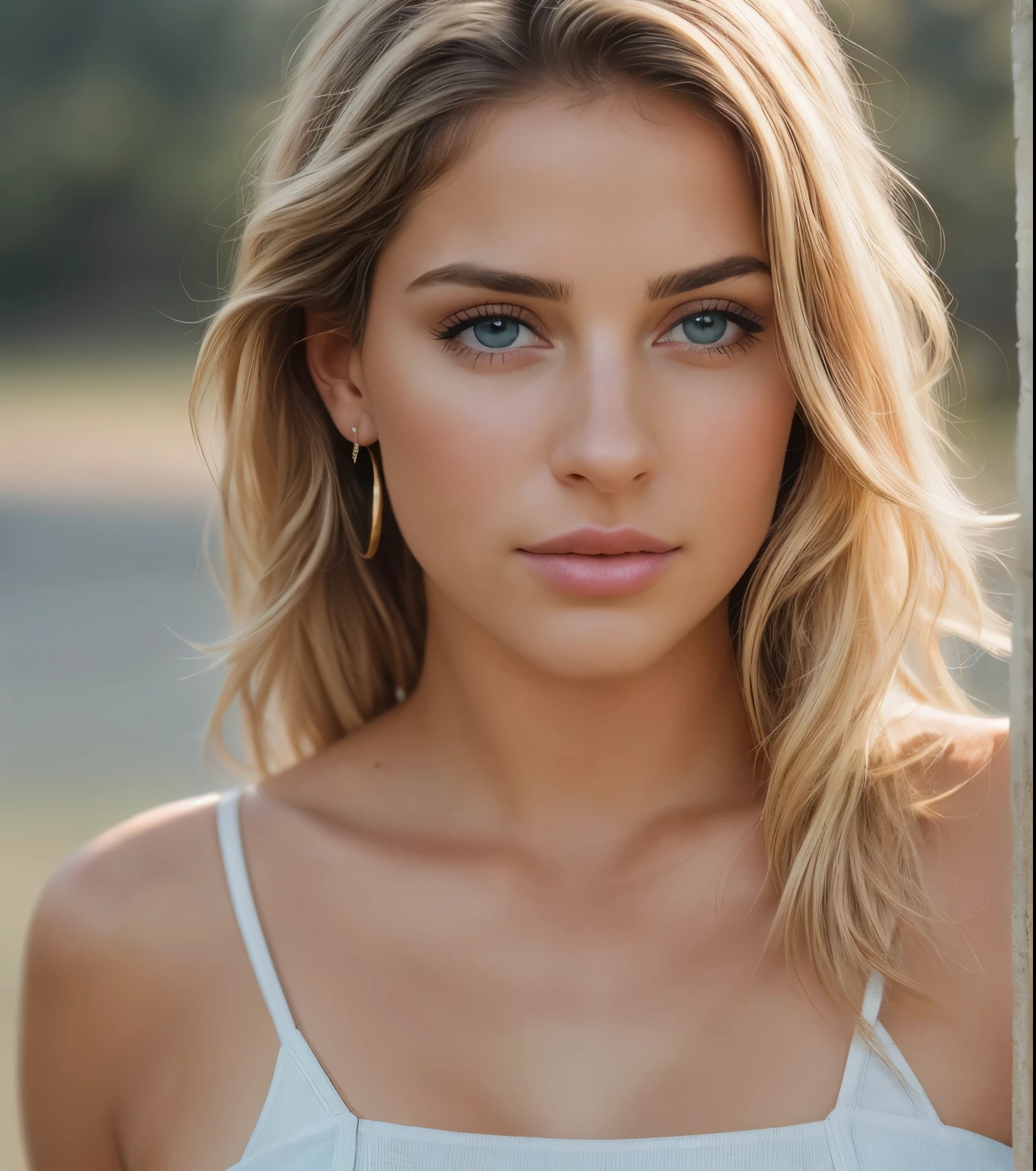 a beautiful European blonde, 23 years, medium hair,blue eyes, 20 years old, Blonde, Hyperreal, Delicate face, dark and deep blue eyes, Exquisite facial features, sweet smile,((Blushing:1.44, orgasm)), ((Nude)), (standing), (navel exposed), (navel), cowboy shot:1.2,((Super Detail, best quality:1.4, masterpiece:1.2, super detail)), high detail, ray tracing, award winning, best quality, award winning, masterpiece, (head tilted), (sitting sideways), eyes contact, lot of desire for the viewer, side portrait, face focus, pov, outdoor, in park, RAW photo, realistic, volumetric lighting, depth of field,cinematic, full body shooting