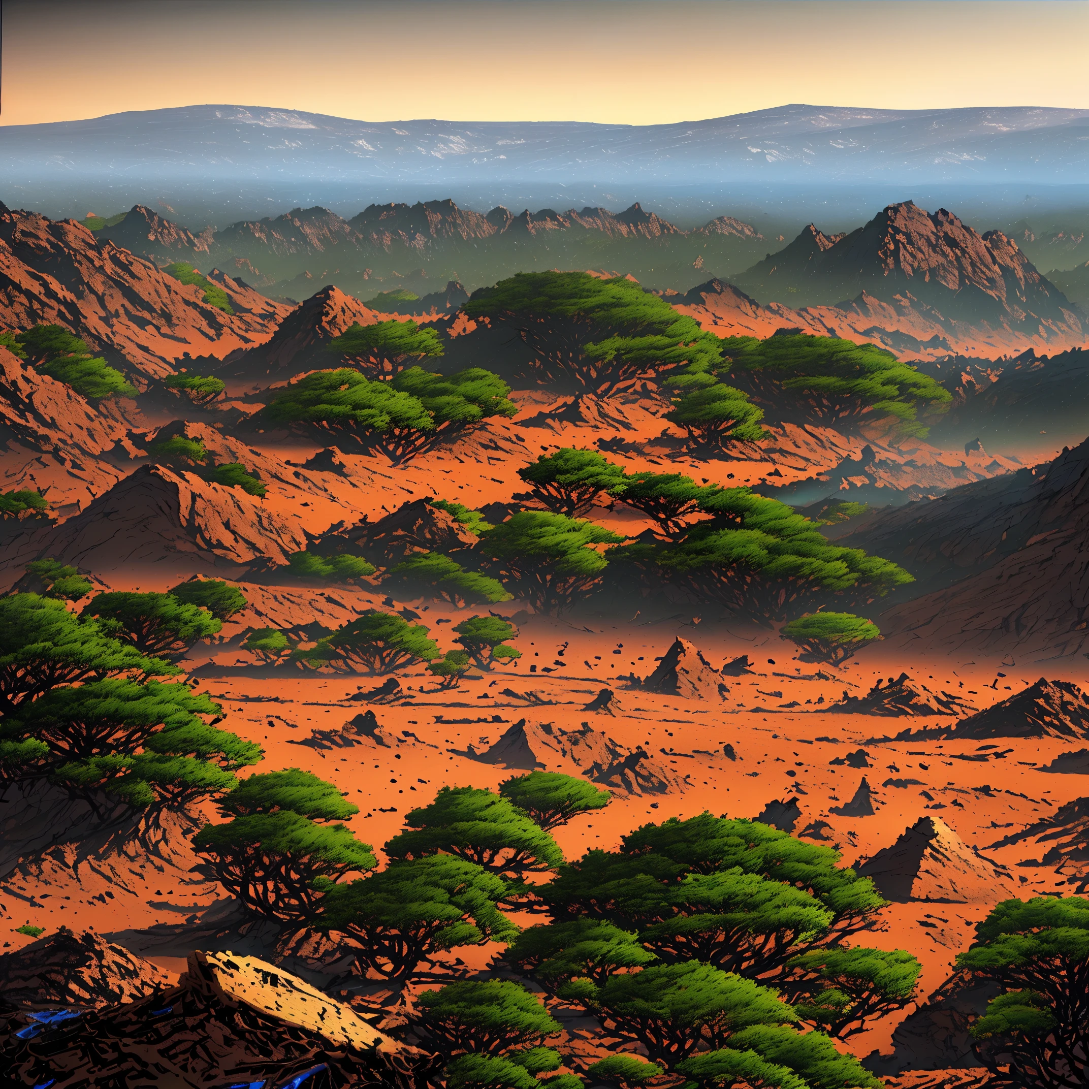 (best quality,4k,8k,highres,masterpiece:1.2),ultra-detailed,(realistic,photorealistic,photo-realistic:1.37),intricate anime forest space drawing,vivid colors,martian soil on Mars-like planet,otherworldly,fantastical creatures