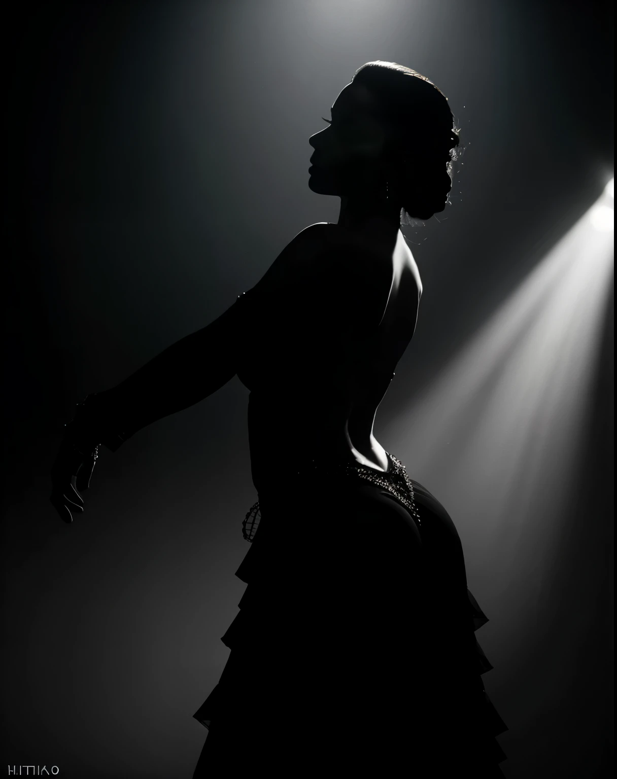 masterpiece, photorealistic, 8K, best quality, photograph, full body, silhouette of a flamenco dancer, dancing pose, dynamic pose, highly detailed, intricate details, dramatic light, back light, rim light, high contrast, dramatic, epic, cinematic, high end photography, fashion photography, FUJI XT-100, Helmut Newton style