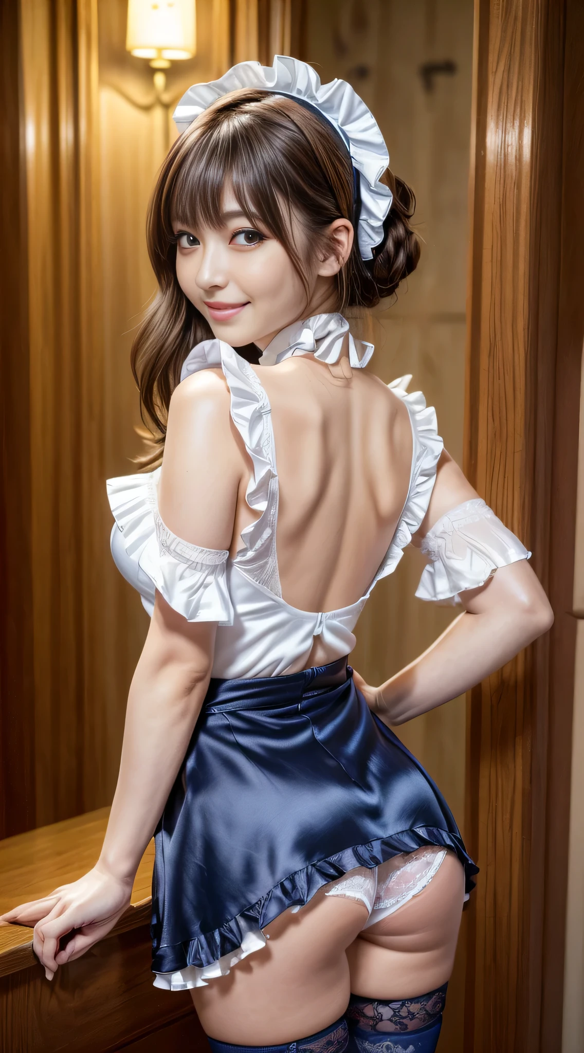 ((muste piece, best quality, High resolution, ticker, perfect pixel, In 4K, ticker, ticker))), 1 girl, Single shot, solo, beautiful woman、I can see the whole body, ((middle wave hair, bangs, brown hair)), ((brown eyes, Beautiful eyelashes, realistic eyes)), ((detailed face, red face:1.2)), ((Smooth texture:0.75, realistic texture:0.65, It's photorealistic:1.1, Anime CG style)), big breasts, dynamic angle, perfect body, ((English Made, white frilled maid headband, ruffle blouse, ribbon tie, apron, navy blue mini skirt, silk socks, high heels)), City staircase, Angle looking up from the bottom of the stairs, I feel very embarrassed, Panic Smile, turn around, slouch, ((The wind flipped my skirt and exposed my butt...................., retrospective perspective, Touching the buttocks with both hands, Silk lace panties, shiny thighs)),