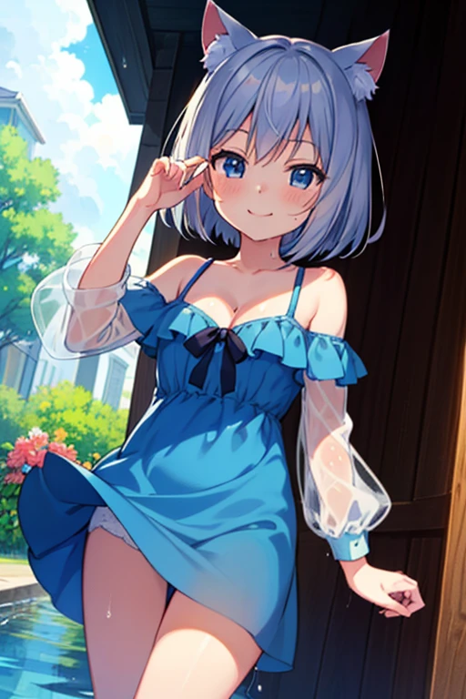 (masterpiece), (Highest quality anime illustrations), (Super fine), one girl, alone, silver-haired beautiful girl, anime change, cat ears loli, small, cleavage emphasis, Thigh emphasis, White and navy blue sundress, Short sundress, off shoulder, wet sheer, smile, After the rain, rainbow