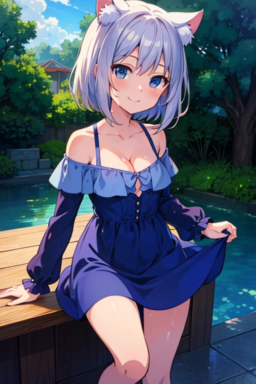 (masterpiece), (Highest quality anime illustrations), (Super fine), one girl, alone, silver-haired beautiful girl, anime change, cat ears loli, small, cleavage emphasis, Thigh emphasis, White and navy blue sundress, Short sundress, off shoulder, wet sheer, smile, After the rain, rainbow