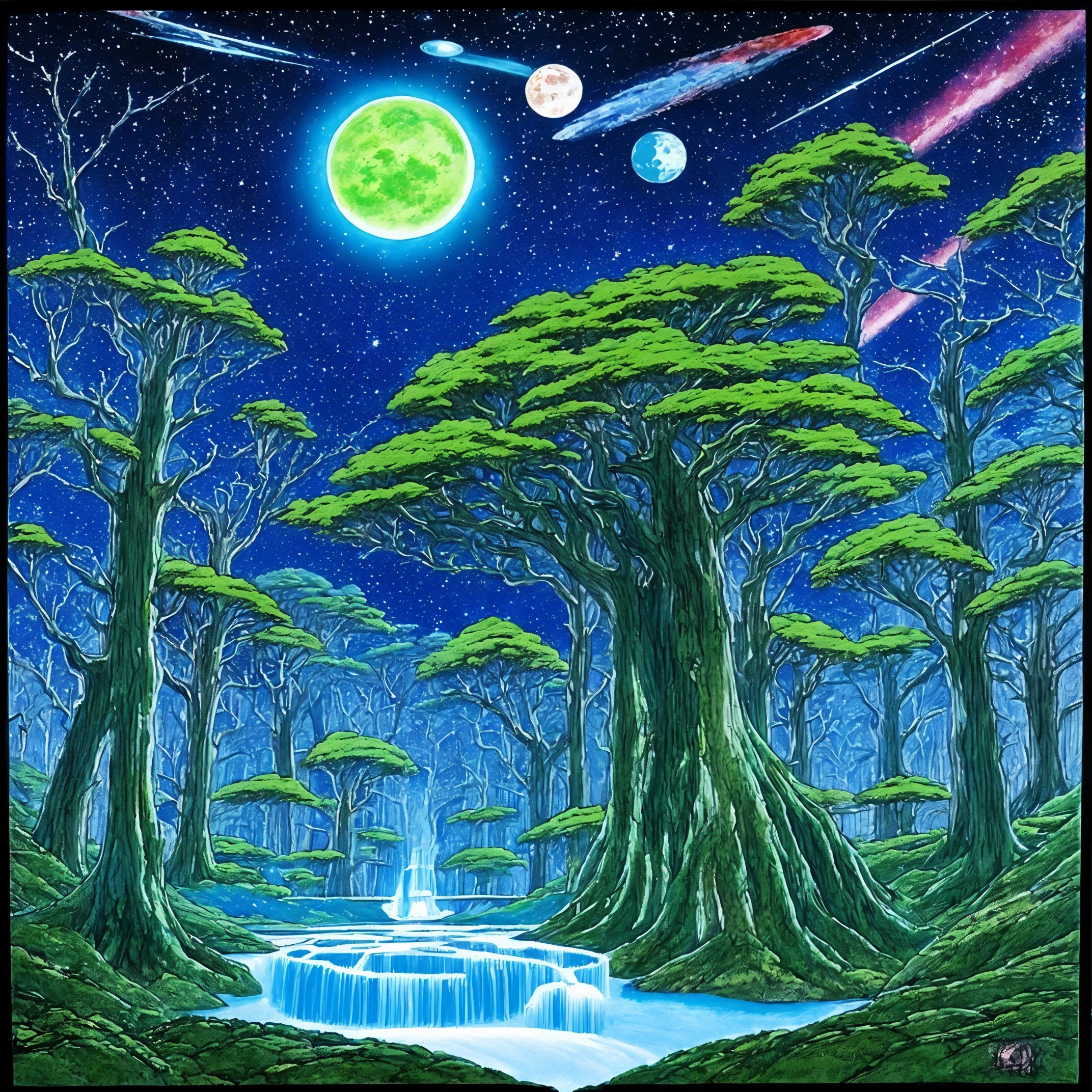 Dibujo de anime del espacio del bosque, intrincado, vivid colors,mundo misterioso,teraformacion,espectacular,super detallado