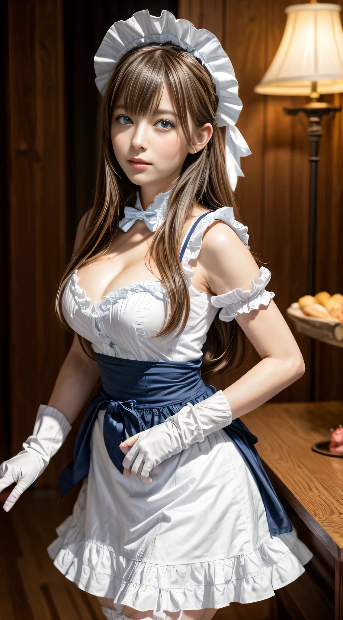 (High resolution), (the most absurd quality), (high quality), (masterpiece), 1 girl, Asuna, blue eyes, long hair, Hello, hair above one eye, very long hair, light brown hair, (big breasts), hair ribbon, maid, maid headdress, apron, frills, frilled apron, puffy sleeves, short sleeve, white gloves, white stockings, turn your arms behind your back, looking at the viewer,