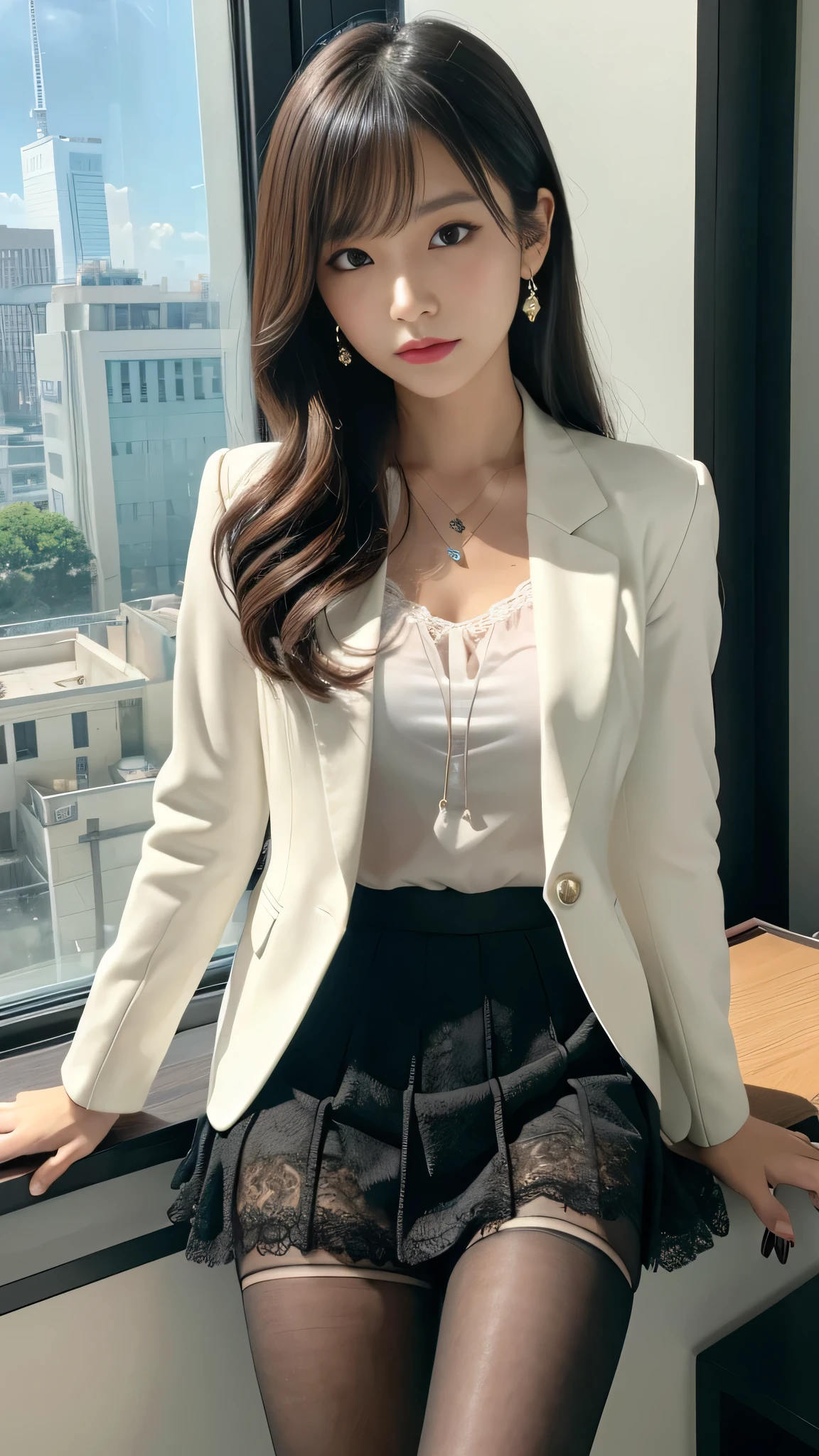 ltra-detailed、Japanese、attractive beauty、Dainty woman、piercing eyes、cool girl、wavy hair、suit、Jacket、white blouse、Tight Skirt、black pantyhose、evil female executive、evil depravity、brainwash、lacy fabric、Glossy legs、lipstick、lip gloss、smirk、wickedな表情、Suspicious look、empty eyes、wicked、in the darkroom、lure、pendant