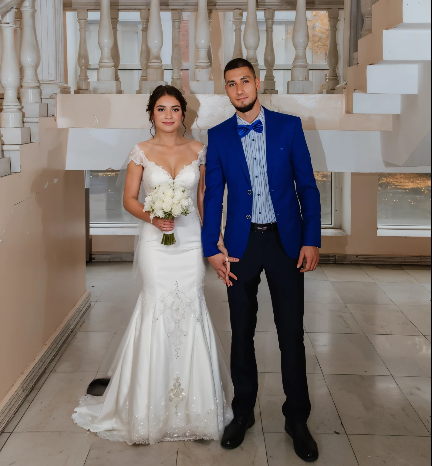 the bride stands with her husband in a beautiful white wedding dress dress with beautiful rhinestones with a beautiful neckline the dress has a closed neckline, a floor-length dress with a fluffy petticoat