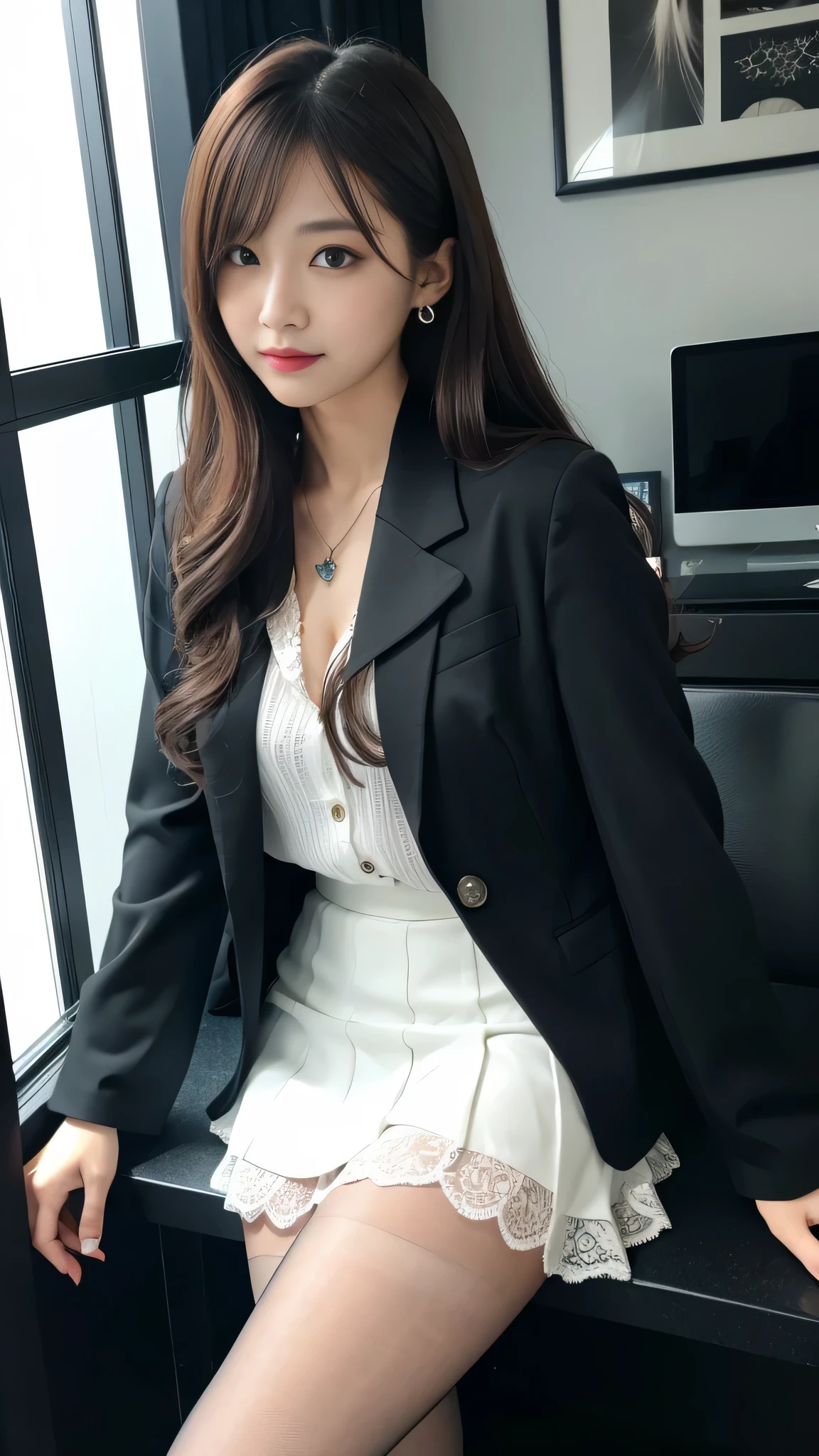 ltra-detailed、Japanese、attractive beauty、Dainty woman、piercing eyes、cool girl、wavy hair、suit、Jacket、white blouse、Tight Skirt、black pantyhose、evil female executive、evil depravity、brainwash、lacy fabric、Glossy legs、lipstick、lip gloss、smirk、wickedな表情、Suspicious look、empty eyes、wicked、in the darkroom、lure、pendant