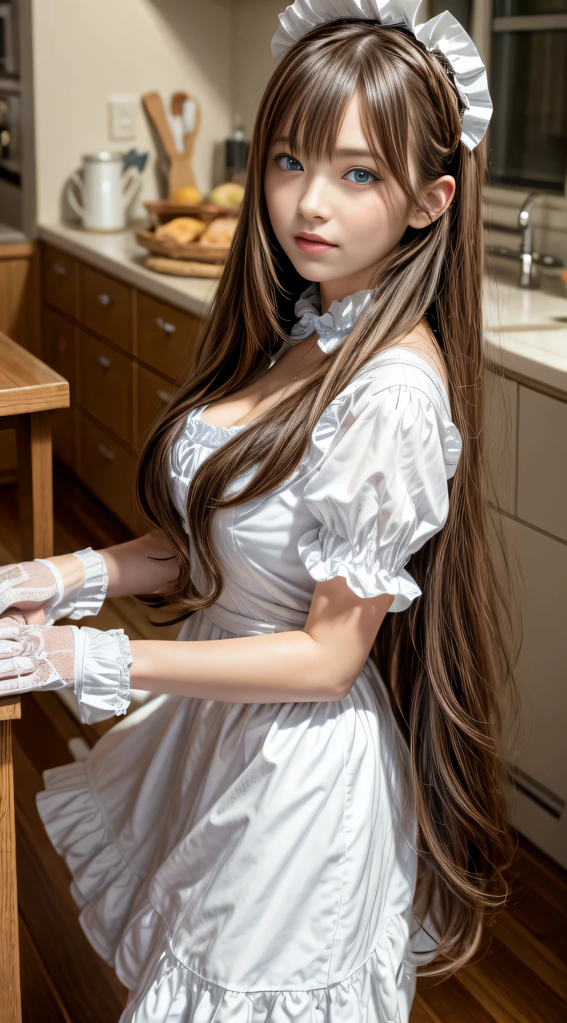(High resolution), (the most absurd quality), (high quality), (masterpiece), 1 girl, Asuna, blue eyes, long hair, Hello, hair above one eye, very long hair, light brown hair, (big breasts), hair ribbon, maid, maid headdress, apron, frills, frilled apron, puffy sleeves, short sleeve, white gloves, white stockings, turn your arms behind your back, looking at the viewer,