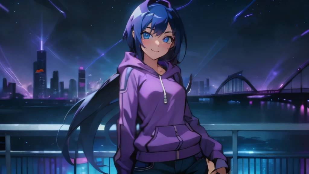 (Best quality), 1girl wearing a purple and blue hoodie and blue jeans shorts, smiling, blue eyes large breasts, sexy fit body figure, solo looking at viewer, long hair, blue and purple neon colors with a city in the background on a bridge