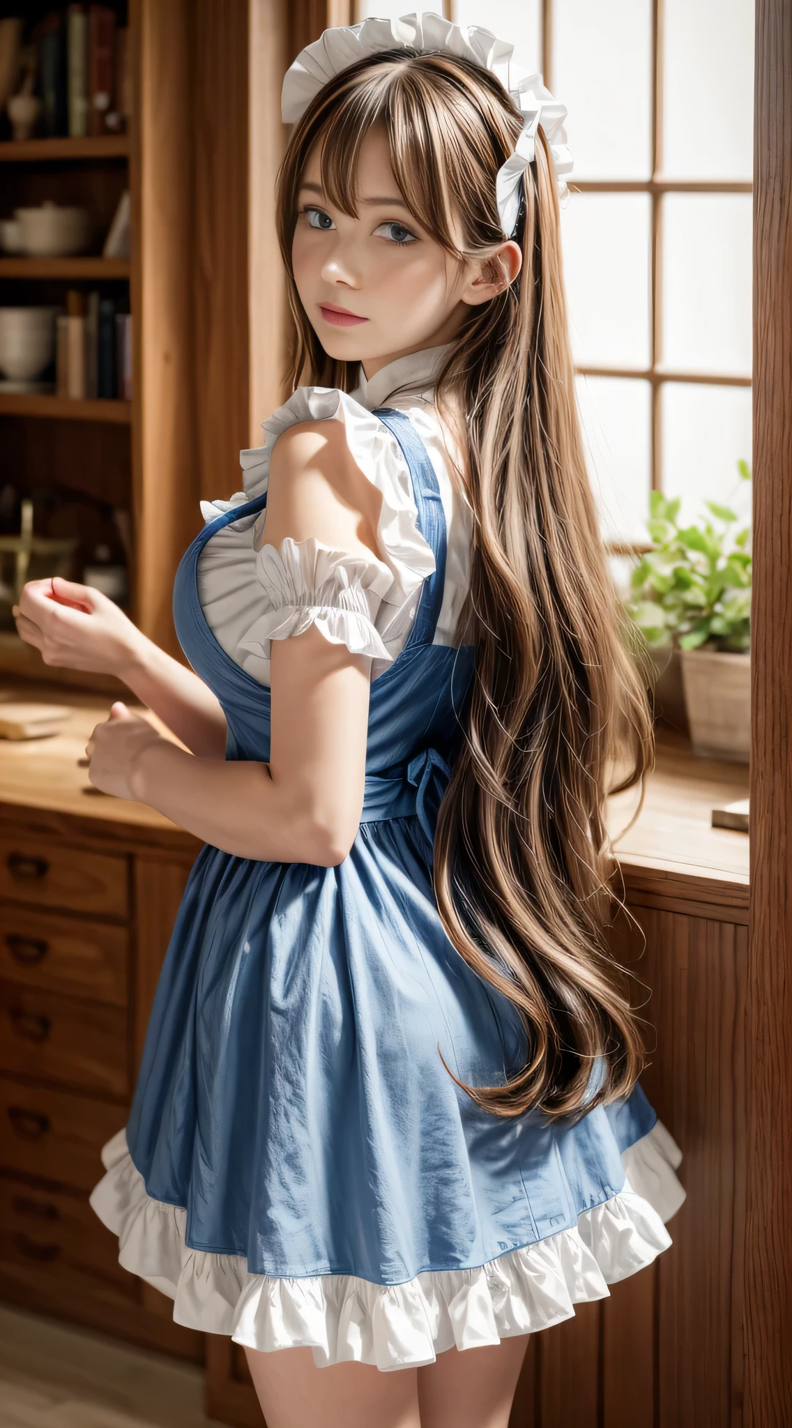 (High resolution), (the most absurd quality), (high quality), (masterpiece), 1 girl, Asuna, blue eyes, long hair, Hello, hair above one eye, very long hair, light brown hair, (big breasts), hair ribbon, maid, maid headdress, apron, frills, frilled apron, plump sleeves, short sleeve, white gloves, white stockings, turn your arms behind your back, looking at the viewer,