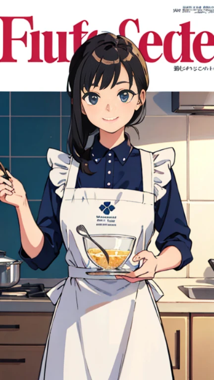 (highest quality, masterpiece), Women's cooking magazine cover, 1 girl, 20-year-old, amazing, cute, gentle smile, hourglass illustration, floral dress, apron, food, article, charted, advertisement, magazine title