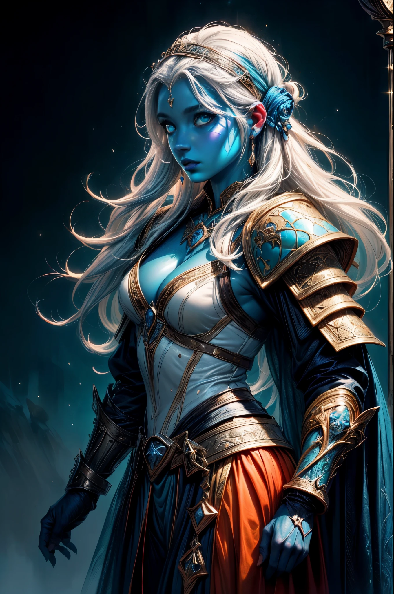 fantasy art, dnd art, RPG art, wide shot, (masterpiece: 1.4) portrait, intense details, highly detailed, photorealistic, best quality, highres, portrait a vedalken female (fantasy art, Masterpiece, best quality: 1.3) ((blue skin: 1.5)), intense details facial details, exquisite beauty, (fantasy art, Masterpiece, best quality) cleric, (blue colored skin: 1.5) 1person blue_skin, blue skinned female, (white hair: 1.3), long hair, intense green eye, ((no ears: 1.6)), fantasy art, Masterpiece, best quality) armed a fiery sword red fire, wearing heavy (white: 1.3) half plate mail armor, wearing high heeled laced boots, wearing an(orange :1.3) cloak, wearing glowing holy symbol GlowingRunes_yellow, within fantasy temple background, reflection light, high details, best quality, 16k, [ultra detailed], masterpiece, best quality, (extremely detailed), close up, ultra wide shot, photorealistic, RAW, fantasy art, dnd art, fantasy art, realistic art,((best quality)), ((masterpiece)), (detailed), perfect face