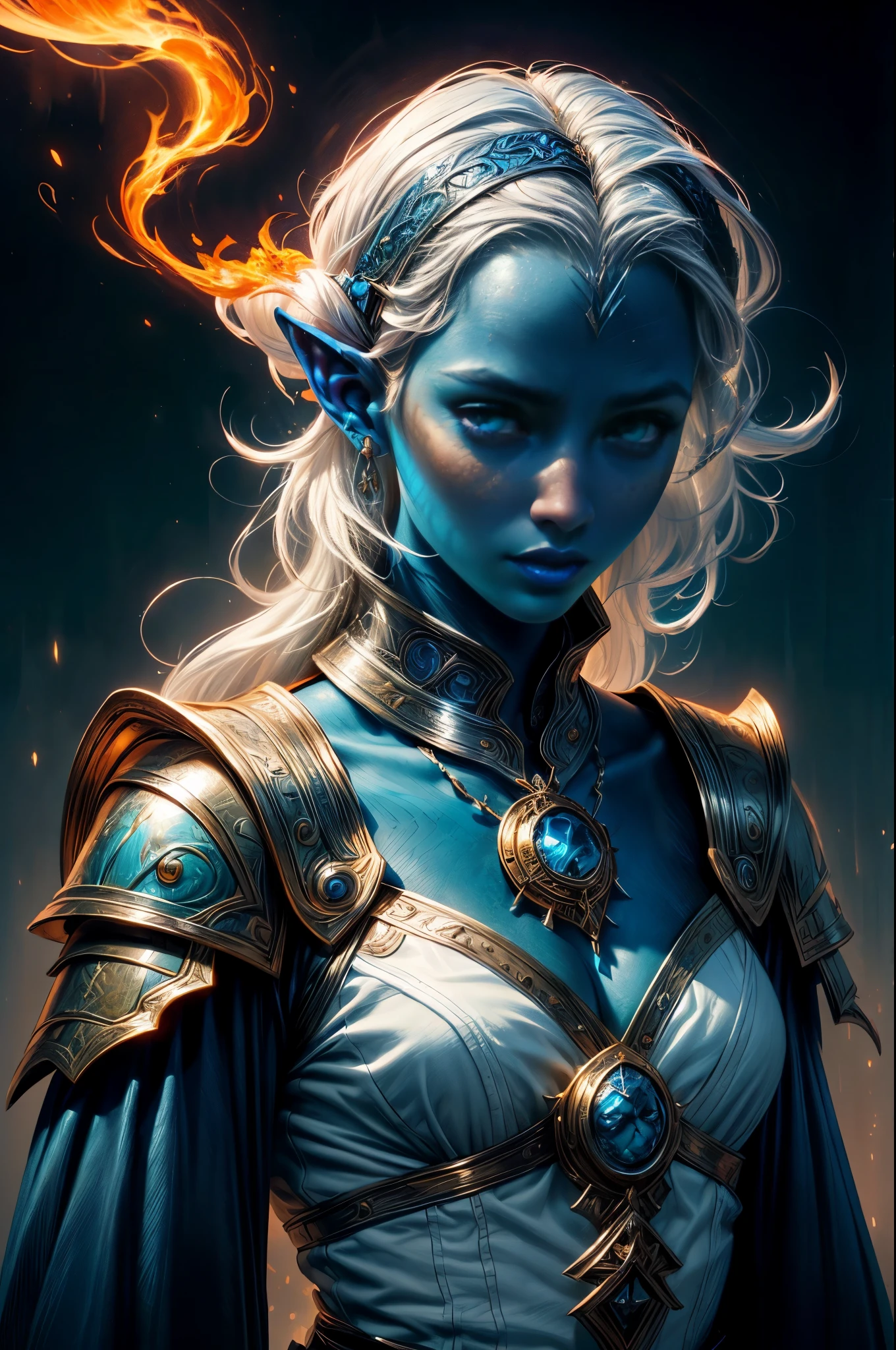 fantasy art, dnd art, RPG art, wide shot, (masterpiece: 1.4) portrait, intense details, highly detailed, photorealistic, best quality, highres, portrait a vedalken female (fantasy art, Masterpiece, best quality: 1.3) ((blue skin: 1.5)), intense details facial details, exquisite beauty, (fantasy art, Masterpiece, best quality) cleric, (blue colored skin: 1.5) 1person blue_skin, blue skinned female, (white hair: 1.3), long hair, intense green eye, ((no ears: 1.6)), fantasy art, Masterpiece, best quality) armed a fiery sword red fire, wearing heavy (white: 1.3) half plate mail armor, wearing high heeled laced boots, wearing an(orange :1.3) cloak, wearing glowing holy symbol GlowingRunes_yellow, within fantasy temple background, reflection light, high details, best quality, 16k, [ultra detailed], masterpiece, best quality, (extremely detailed), close up, ultra wide shot, photorealistic, RAW, fantasy art, dnd art, fantasy art, realistic art,((best quality)), ((masterpiece)), (detailed), perfect face