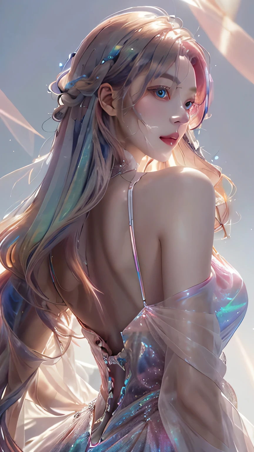 1 girl,evening dress, jewelry, they will laugh, look back, upper body, White background,pink hair long hair,affectionate