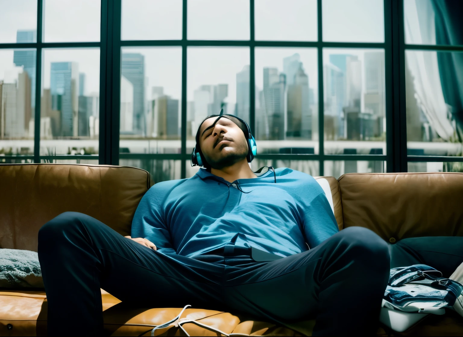 arafed man sitting on a couch with his headphones on, relaxing on a couch, relaxing on a modern couch, lounging on expensive sofa, sprawled out, in a chill position, relaxing on the couch, pexels, sprawling, relaxing after a hard day, foreshortening photography, resting, movie still of a tired, relaxed, postprocessed