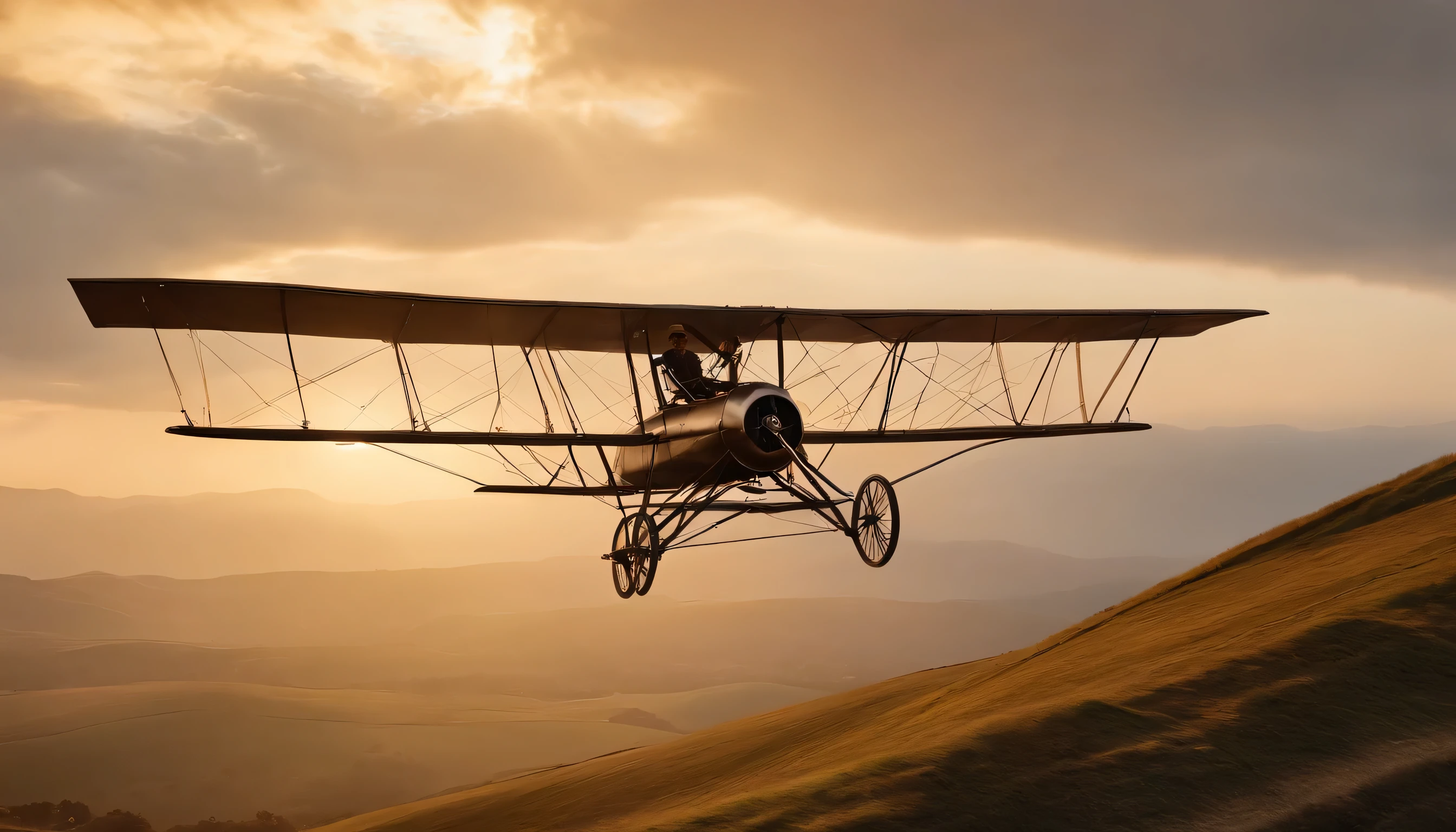 A man flying a large wingless airplane over a hill, ornithopter, flying, 1904, 1905, 1 9 0 5, 1895, 1 8 9 5, 1 9 0 9, 1890s, 1 8 9 0 s, 1898, 1894