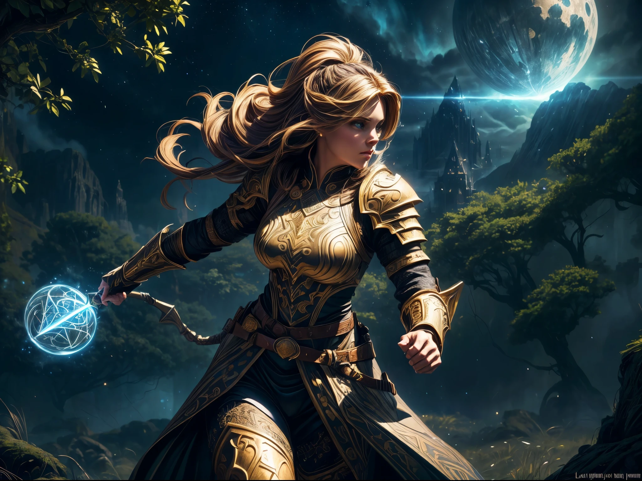 high details, best quality, 16k, [ultra detailed], masterpiece, best quality, (extremely detailed), dynamic angle, ultra wide shot, photorealistic, ((fantasy art)) ((larry elmore style)), dnd art, rpg art, realistic art, female human druid of the stars, guardian of nature, controlling magical energy made of stars, swirling blue stary magical light, divine symbols GlowingRunes_yellow (1.5 intricate details, Masterpiece, best quality), human female,  extremally beautiful, ultra feminine, dynamic hair, dynamic hair color, wearing leather armor CM-Beautiful_armor, holding a staff, moon light, stars, dynamic natural background,  RPG art, magical atmosphere magic-fantasy-forest, ultra best realistic, best details, best quality, 16k, [ultra detailed], masterpiece, best quality, (extremely detailed), ultra wide shot, photorealism, depth of field, hyper realistic painting, 3D rendering