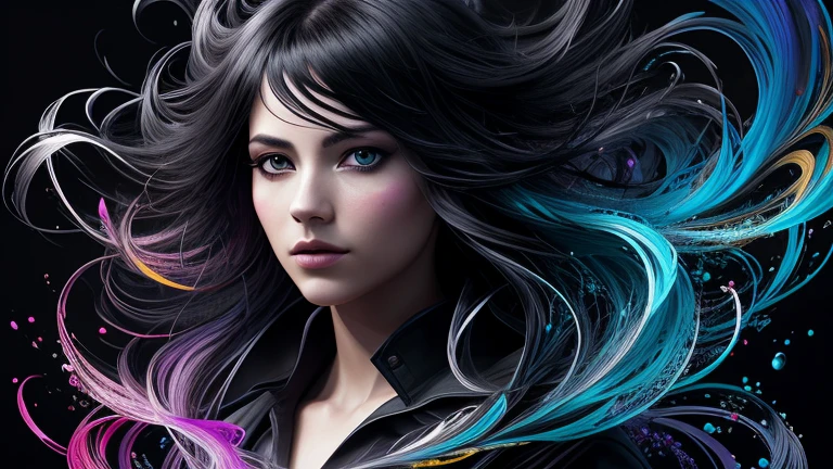 Colorful beautiful girl: a giru 28-years old, messy hair, oil painting, nice perfect face with soft skinice perfect face, blue yellow colors, light purple and violet additions, light red additions, intricate detail, splash screen, 8k resolution, masterpiece, cute face,artstation digital painting smooth veryBlack ink flow: 8k resolution photorealistic masterpiece: intricately detailed fluid gouache painting: by Jean Baptiste Mongue: calligraphy: acrylic: watercolor art, professional photography, natural lighting, volumetric lighting maximalist photoillustration: by marton bobzert:, complex, elegant, expansive, fantastical, wavy hair, vibrant, Best quality details, realistic, High definition, High quality texture, epic lighting, Cinematic film still, 8k, soft lighting, anime style, masterful playing card border, random Colorful art, oil painting, blue yellow colors, light purple and violet additions, light red additions, intricate detail, splash screen, 8k resolution, masterpiece, artstation digital painting smooth veryBlack ink flow: 8k resolution photorealistic masterpiece: intricately detailed fluid gouache painting: by Jean Baptiste Mongue: calligraphy: acrylic: watercolor art, professional photography, natural lighting, volumetric lighting maximalist photoillustration: by marton bobzert:, complex, elegant, expansive, fantastical, vibrant, ((dark plain black background:1.4))