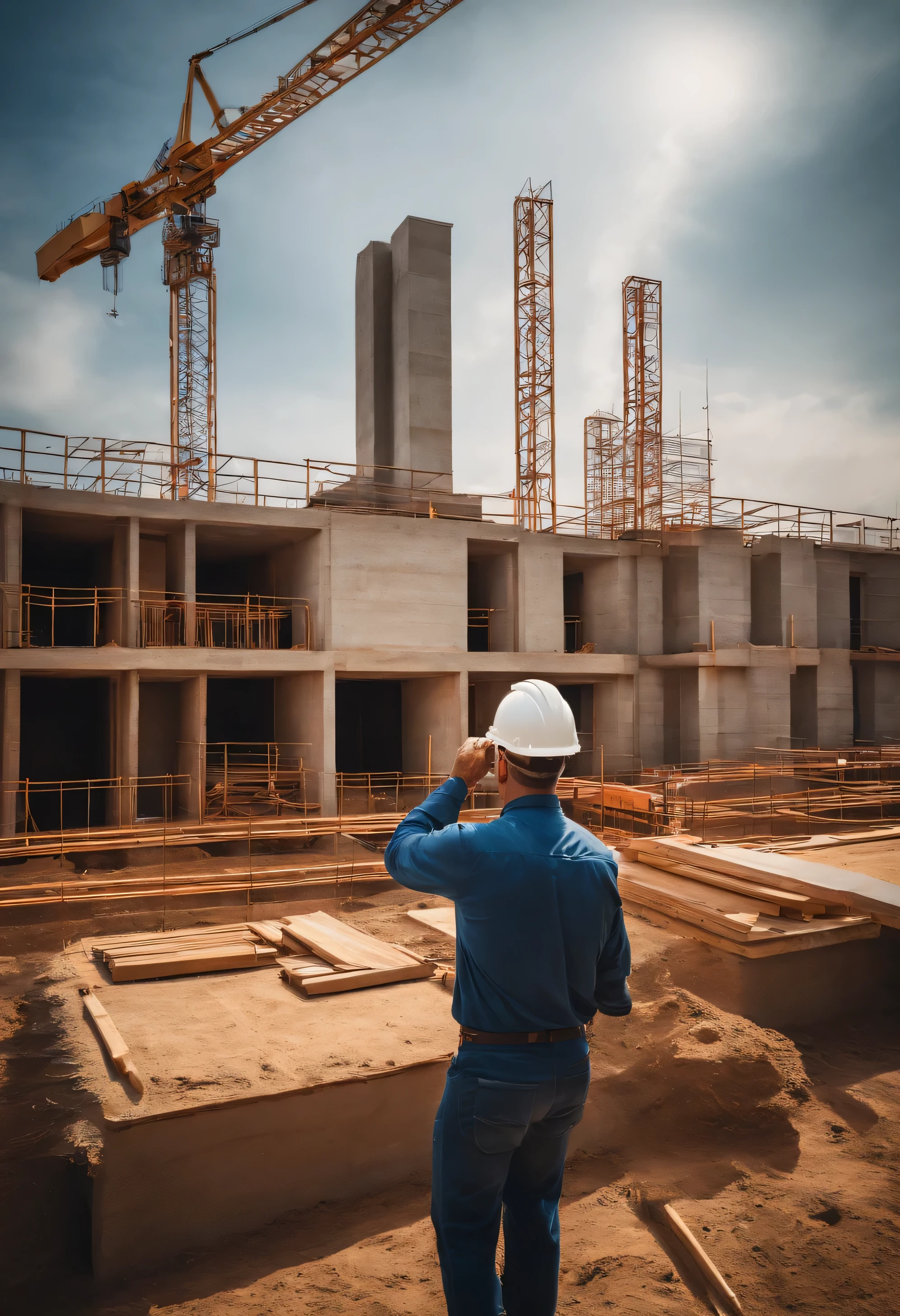 Create the image of a civil engineer monitoring the construction of a house, conveying confidence.
