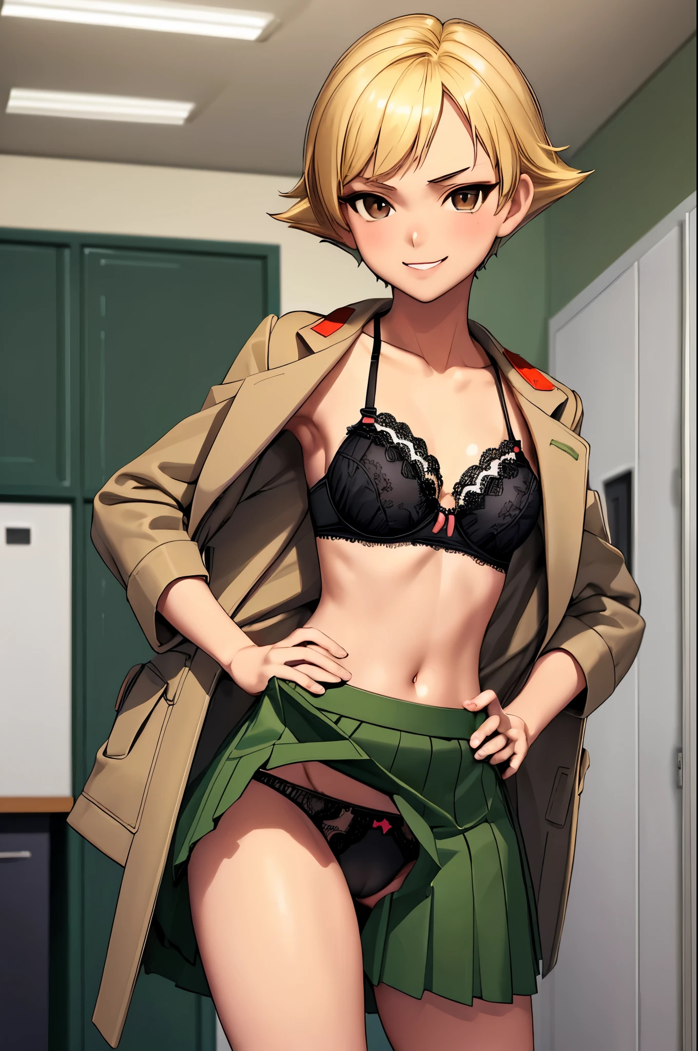 masterpiece, best quality, erwindef, 1girl, blonde hair, dark brown eyes, solo, small medium breasts, standing frontally, casual pose, pov, looking at viewer, green skirt, sexy black underwear, black bra, undressing jacket, whole body can be seen, indoors, locker room, seductive smile, detailed hands, five fingers, female genitals