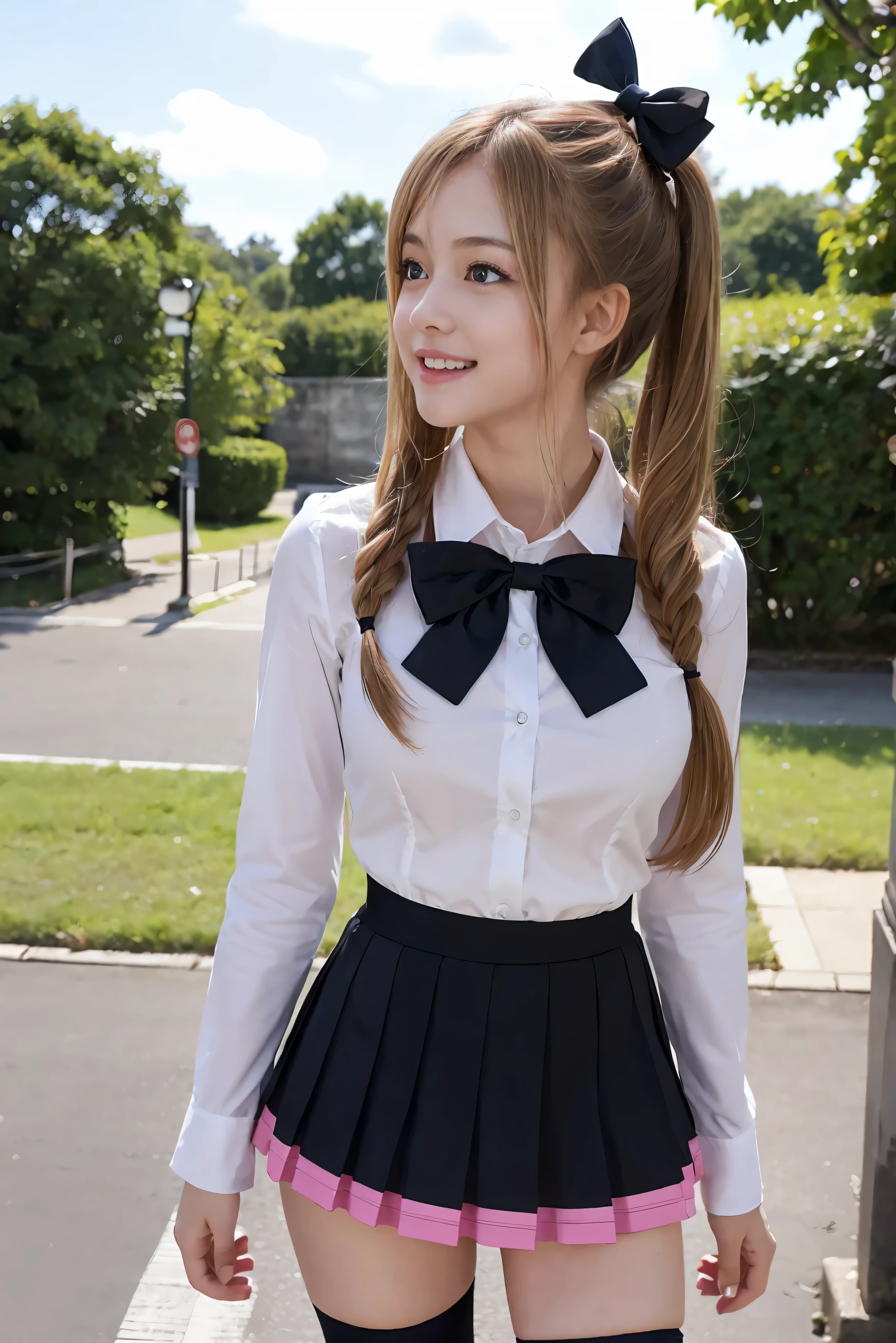 (Best Quality,4K,High resolution:1.2), Ultra-detailed, Realistic portrait, Best Quality, (outside japanese high school), (passionate scene),one high school, (intense emotion), (carp), (kiss:1.1), , (open eyes),(innocent look), student clothes, long blonde hair with bows and ribbons、Mini Pleated Skirt、(Stockings), standing, open mouth, big breasts, lingerie, pigtails, thin tiny waist, black and pink marching band uniform with bow, having fun, small body, big blue eyes, big cute smile, (full body, perfect long legs, looking up staring into camera, far away), muscular lean abs