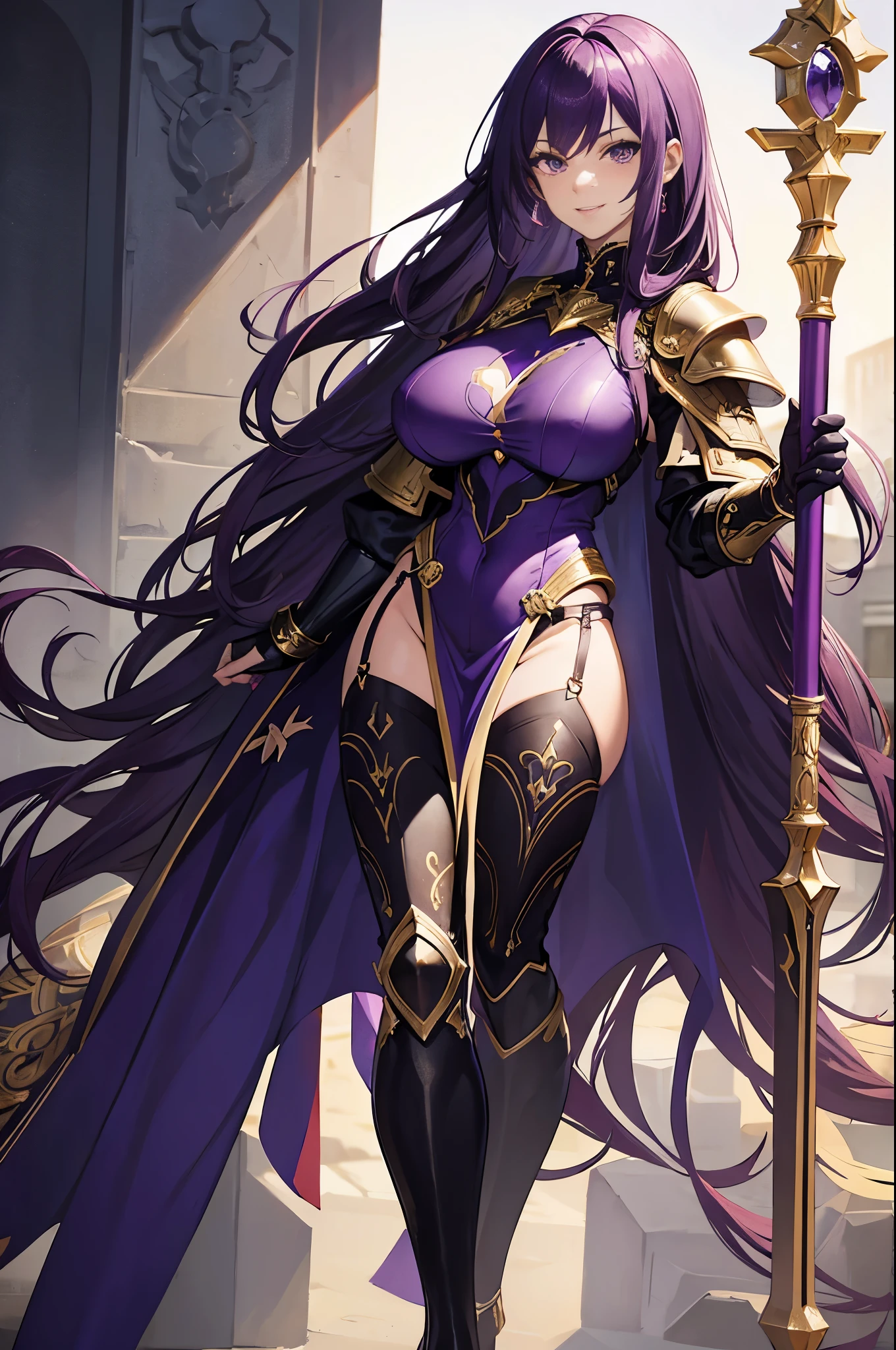 masterpiece, highly detailed, ultra detailed, alone, (1 woman), mature, tall, milf, long hair, purple hair, ponytailed hair, girl, beautiful, charming, purple eyes, good anatomy, big breasts ( huge), perky breasts, friendly smile, light, charming, flashy smile, wearing a black breastplate with gold details, wearing armor with shoulder pads, knight style, knight's skirt, armor proportional to her body, holding a red purple spear, alone, full body.