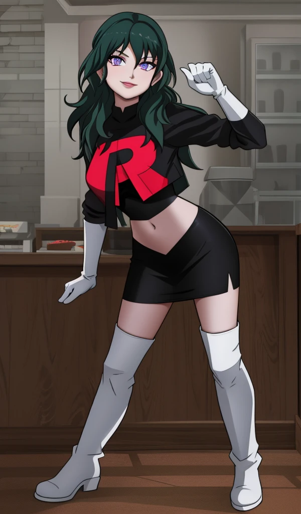 byleth, black dress and red and white number 9 shirt, team rocket, fullbody, posing for a photo, team rocket trainer outfit, wearing rr diner uniform, full body with costume, full body portrait shot, , deep green hair, amethyst eyes, smile, glossy lips, eye shadow ,team rocket uniform, red letter R, black crop top, black skirt, white thigh-high boots, white elbow gloves, looking at viewer