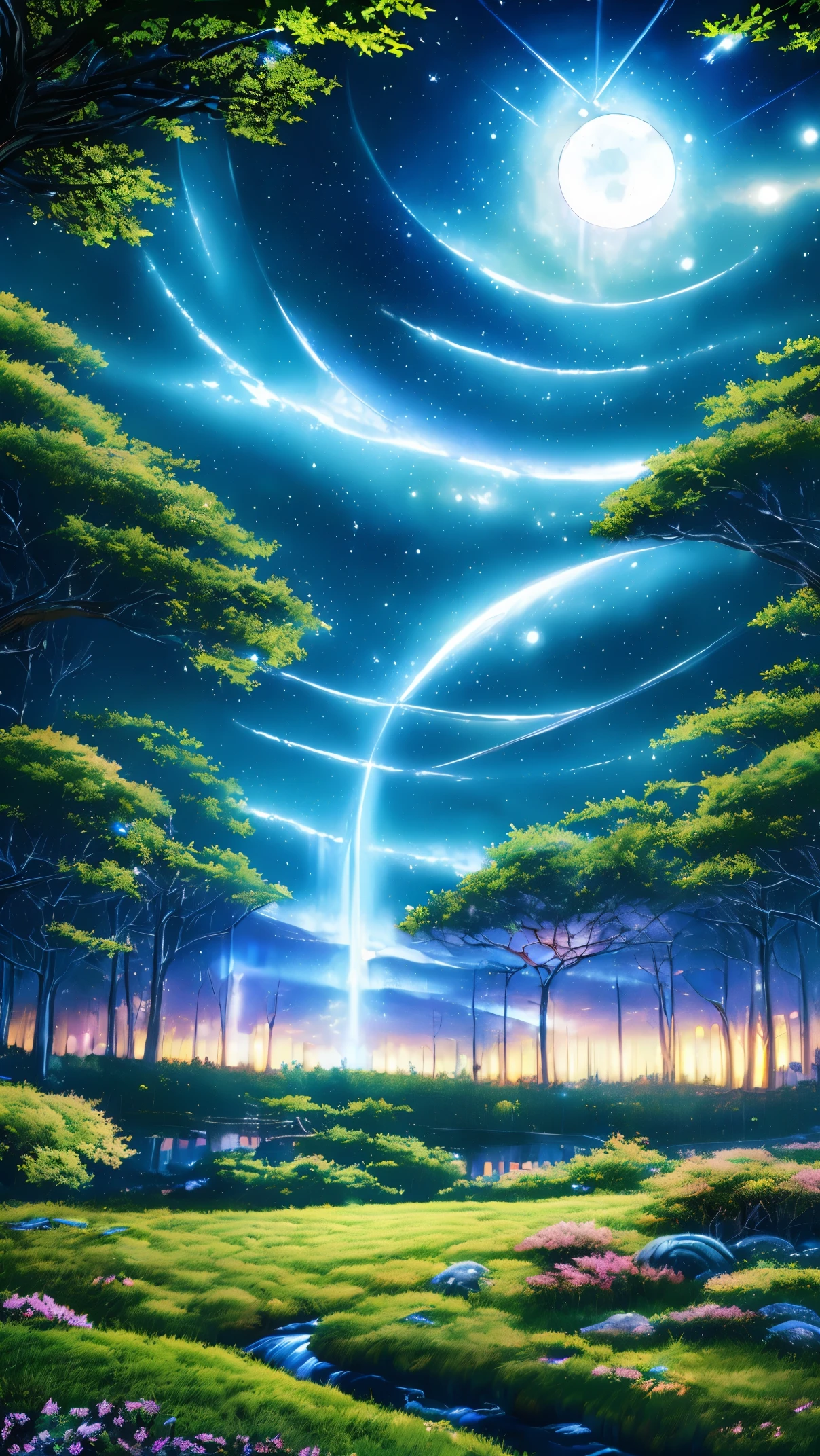 (best quality,4k,8k,highres,masterpiece:1.2),ultra-detailed,(realistic,photorealistic,photo-realistic:1.37),anime style,forest space background,vivid colors,elaborate details,anime girl,night scene,star-filled sky,dreamy atmosphere,captivating view,fantasy landscape,detailed foliage,glowing mushrooms,soft light filtering through trees,magical aura