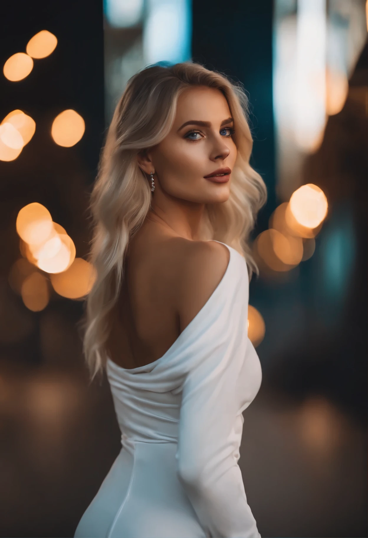 realistic white female instagram influencer, best quality, blonde, 1 girl, blue eyes, in white tight short dress, in night.