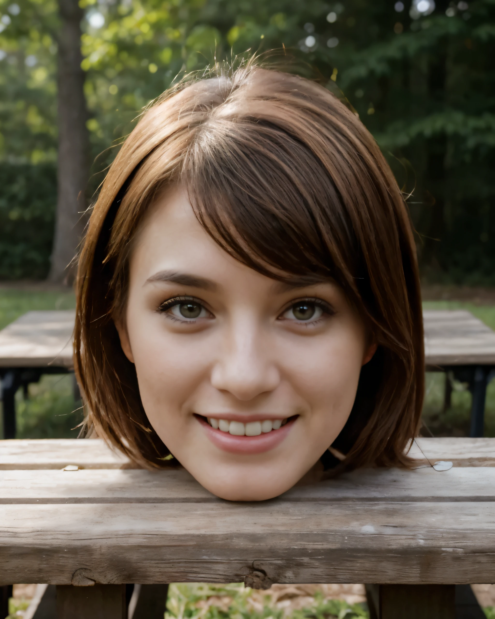((disembodied head on picnic bench)), sexy, wearing makeup, real detailed skin, smile, (realistic), realistic lighting, (best quality, best resolution)