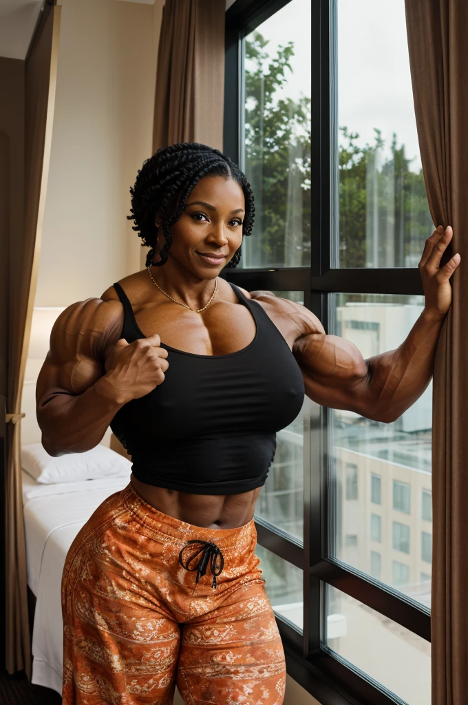 40 year old black woman, bodybuilder, standing next to curtain window in hotel room