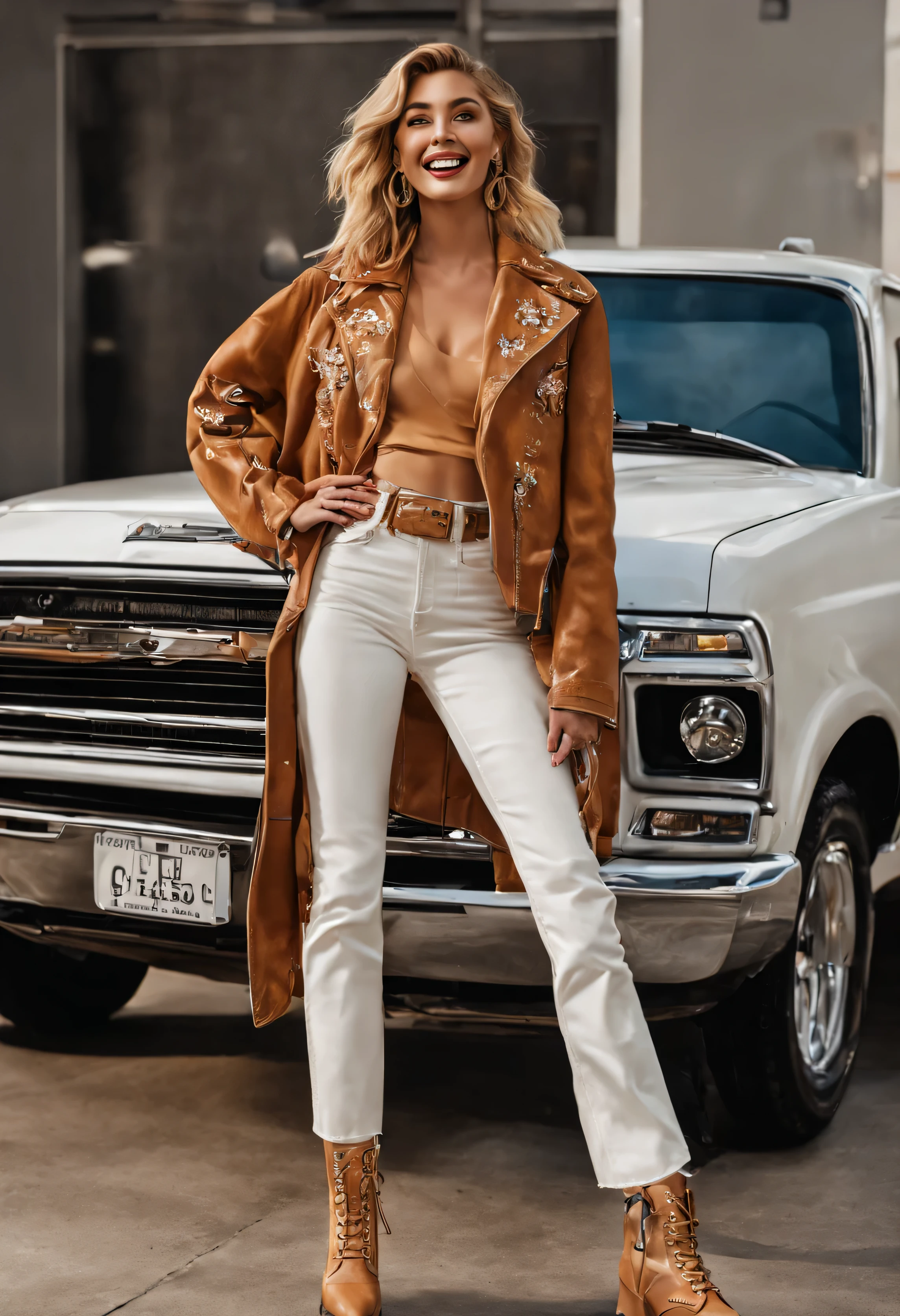 ((full body)) fashionable look, beautiful model full body with Hailey Bieber face with her mouth open biting her lip flirtingly while looking at the camera in designer jeans, designer western boots, jacket, bold direct look smiling happy, an easy casual hairstyle, gorgeous skin, beautiful western sunset, bright dark colors, elaborate white style, trends on youtube, sharp focus, studio photo, intricate details, high detail, by Chris Maley