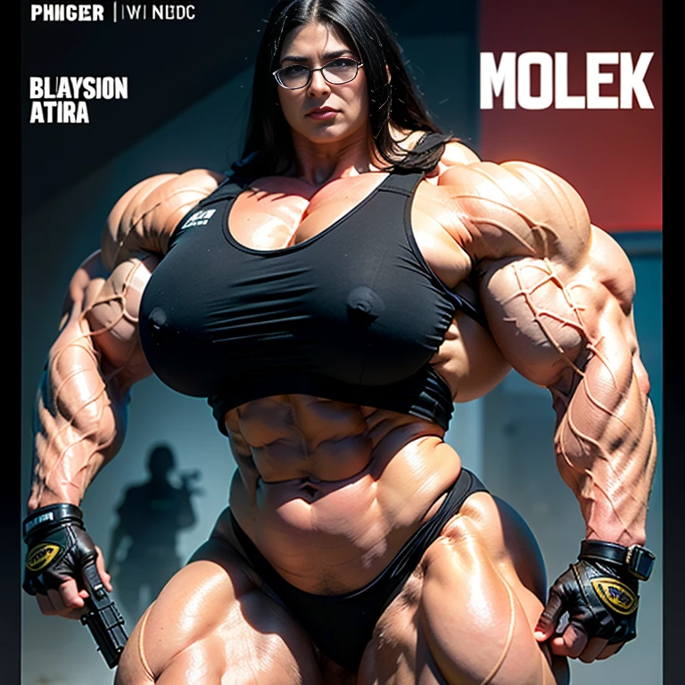 A military, action movie poster of a beautiful, huge, enormous, buff, giant, single Female bodybuilder, muscle goddess, huge arms and huge legs, giant boobs, enormous muscles, big beautiful eyes, with long dark hair, wearing reading glasses, holding an assault rifle, machine gun, photorealistic